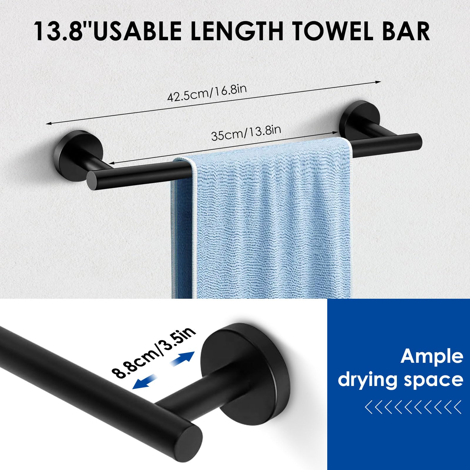 Bathroom Accessories Set,5PCS Black Bathroom Accessories Rustproof,Anti-Drop Design Toilet Paper Roll Holder,16-Inch Towel Bar,Unique Oval Hand Towel Holder,2 Towel Hooks for Bedroom,Kitchen,Entrance