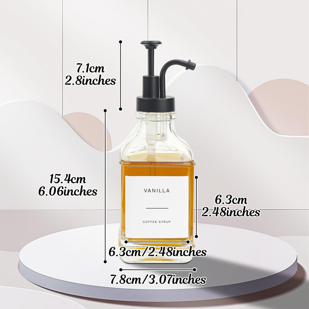 Ezebesta 2 PCS 500ml Syrup Dispensers with 36 Labels Large Glass Bottles with Black Pressing Pumps and Various Syrup Labels for Kitchen Coffee Station Organization