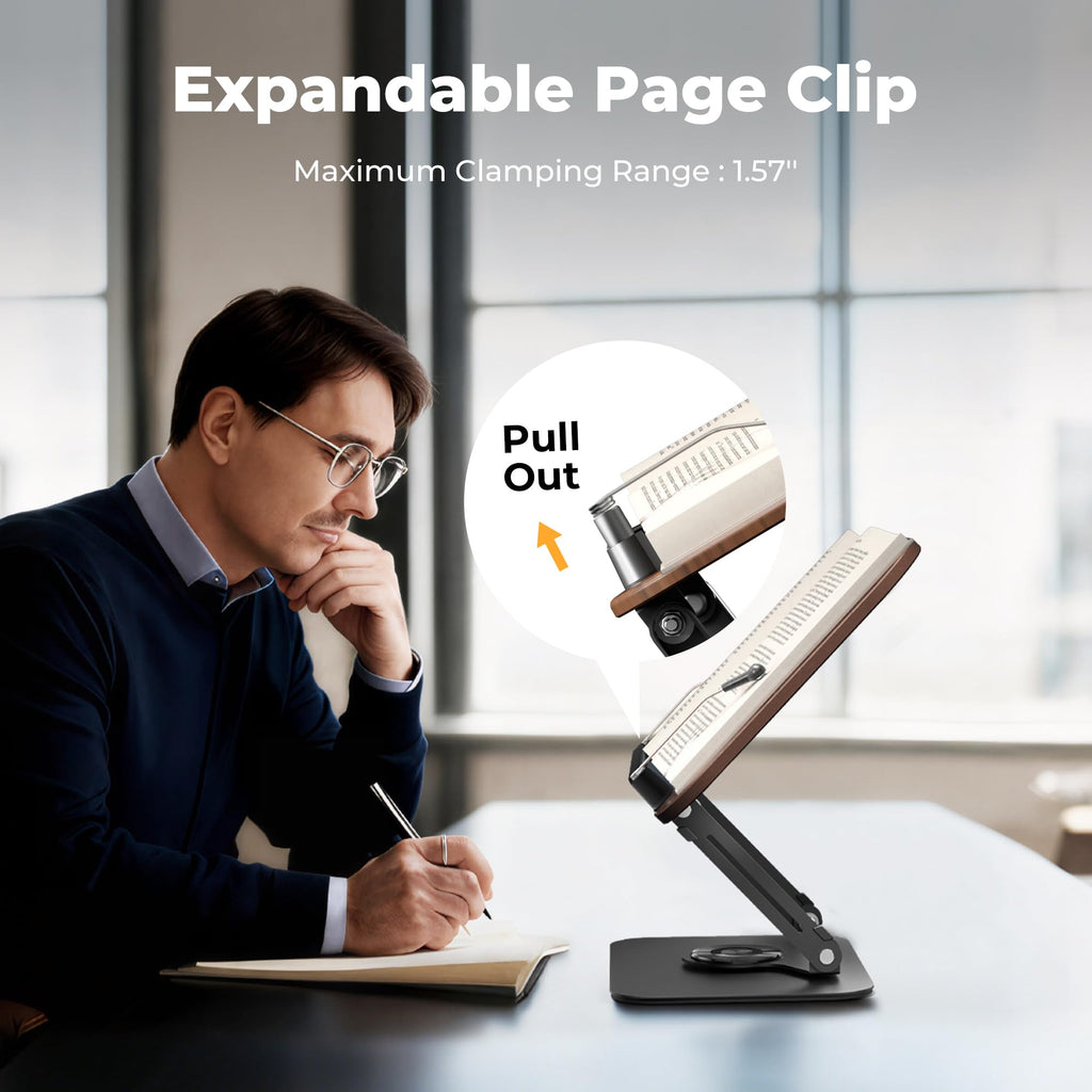 SupeDesk Book Stand for Reading, Adjustable Book Holder with 360° Rotating Bases, Foldable Designs, and Elastic Clips, Multifunctional Display Stand for Recipe, Cookbooks, Tablets, Laptops