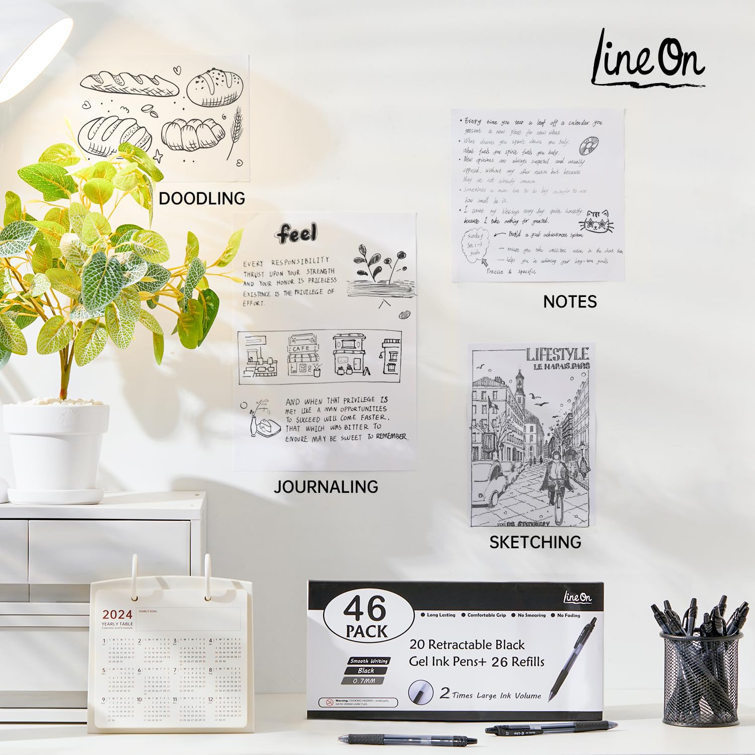 Lineon 46 Pack Black Gel Ink Pens (20 Gel Pens with 26 Refills) Medium Point Retractable Writing Smooth Writing with Comfortable Grip for Office School
