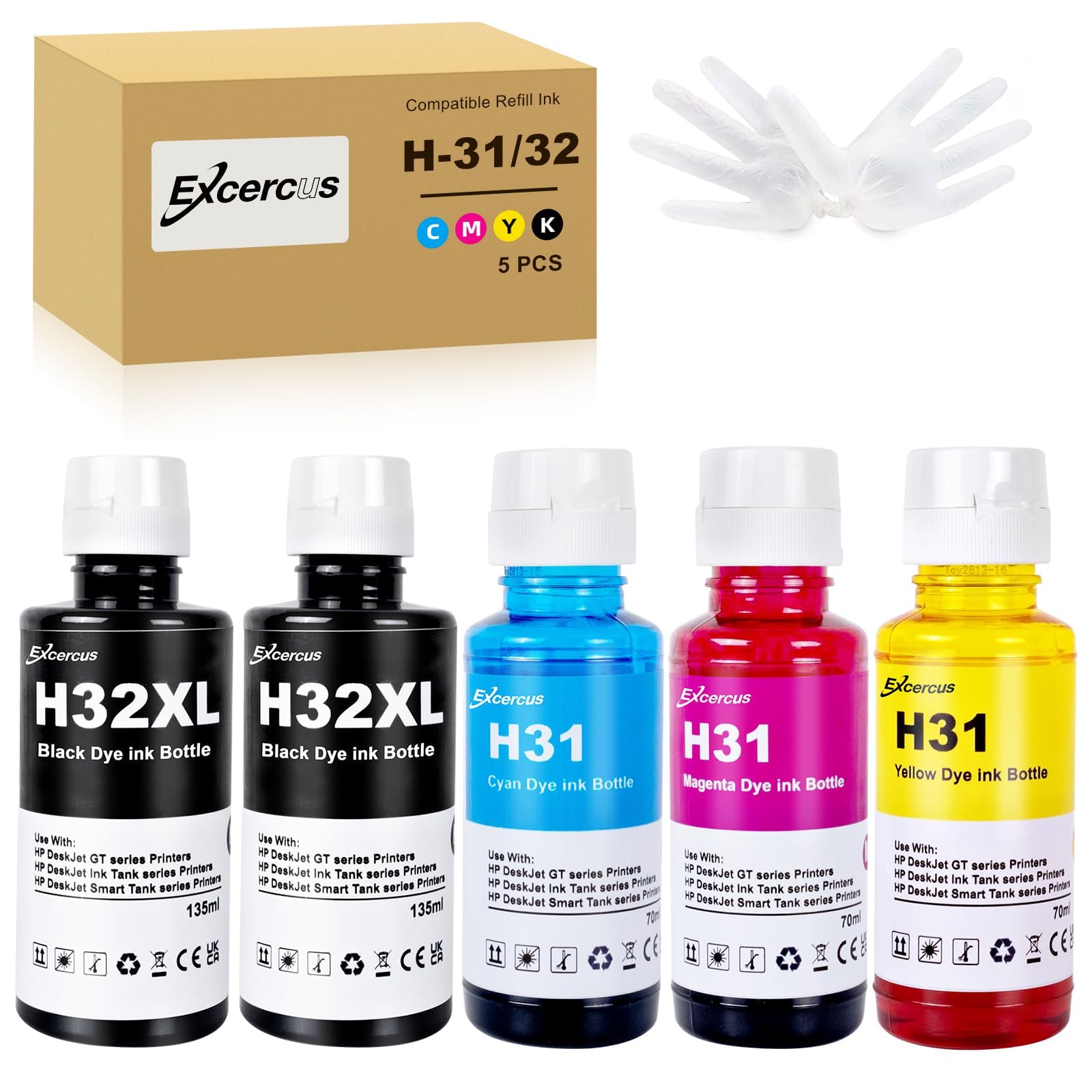 EXCERCUS Refill Ink Replacement Compatible with HP 31 Ink Bottle Set HP 32XL 32 XL Ink Work for HP Smart Tank 5000 6001 5101 5102 Plus 651 551 455 457 450 7301 7001 7602 (5 Pack)