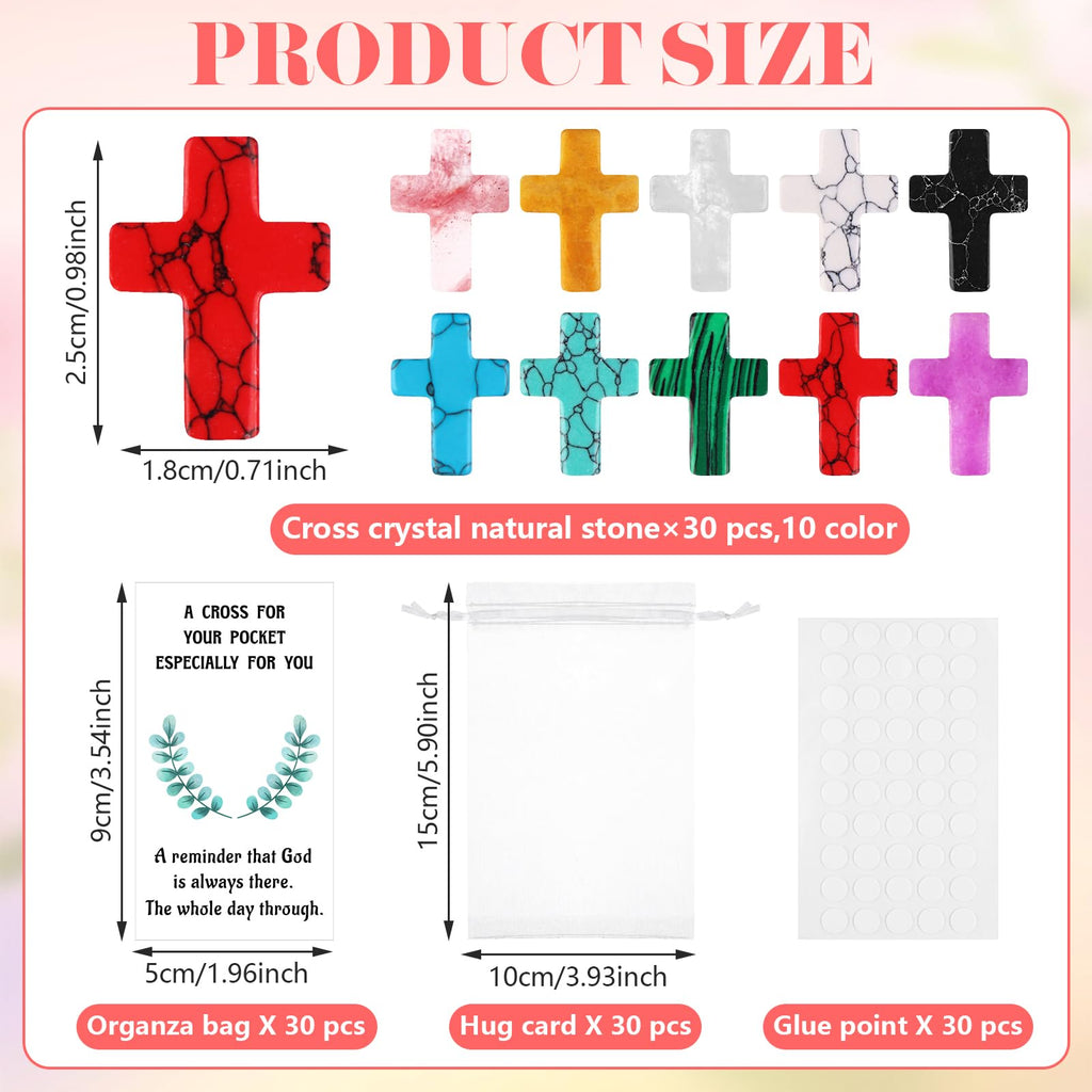 PIAOPIAONIU 30 Sets Pocket Hug Token Bulk Inspirational Hug Greeting Cards Cross Crystal Stones Organza Bags Healing Charms Gifts for Family Friend Colleagues Christians Easter Thanksgiving