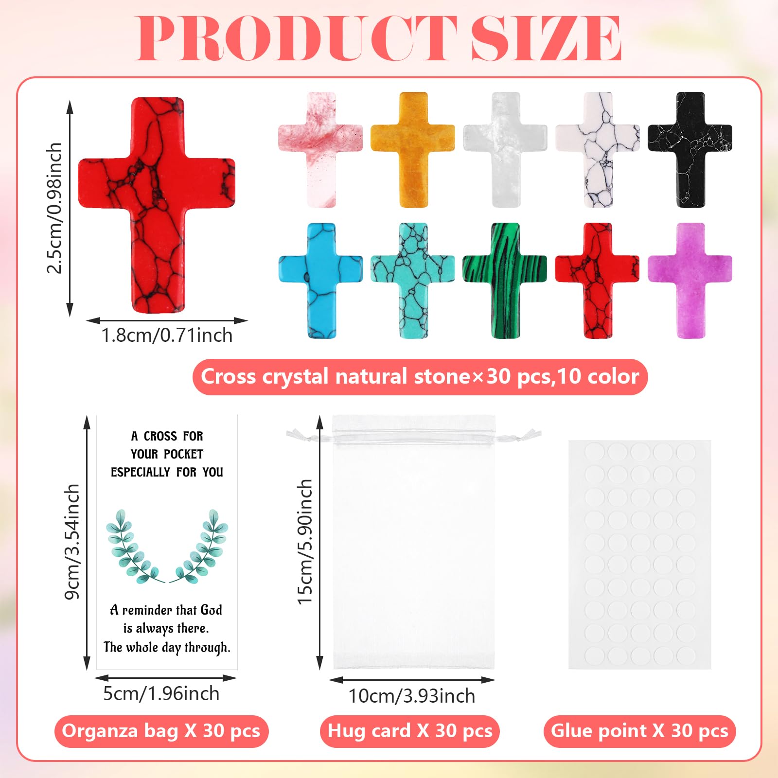 PIAOPIAONIU 30 Sets Pocket Hug Token Bulk Inspirational Hug Greeting Cards Cross Crystal Stones Organza Bags Healing Charms Gifts for Family Friend Colleagues Christians Easter Thanksgiving