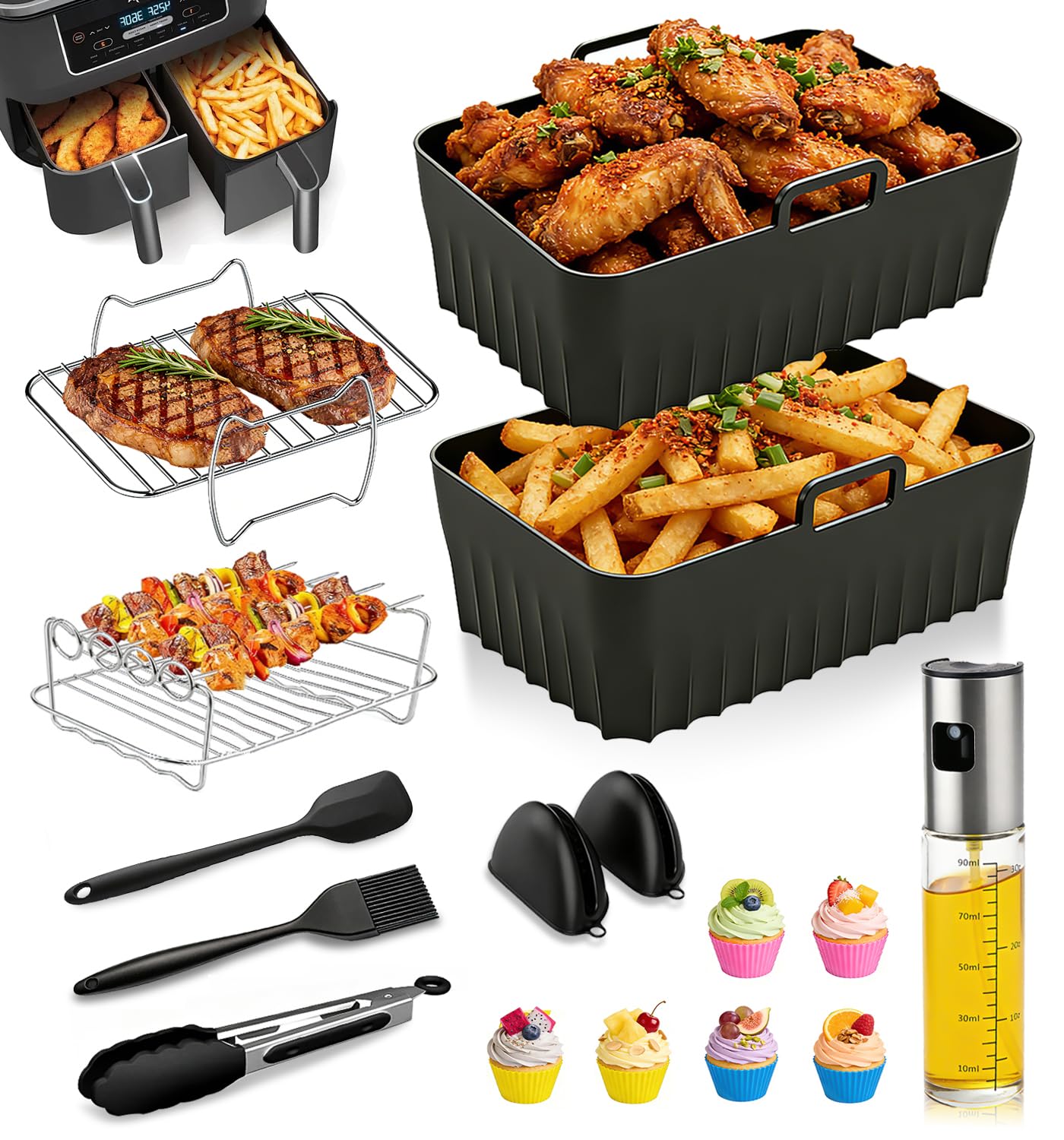 16 PCS Hot Air Fryer Accessories - Air Fryer Accessories Set for Ninja Foodi Max Dual Zone AF400EU/AF300EU, AF400EUCP, DZ400EU, 7.6L - 9.5L | BPA-Free, Dishwasher Safe, Reusable