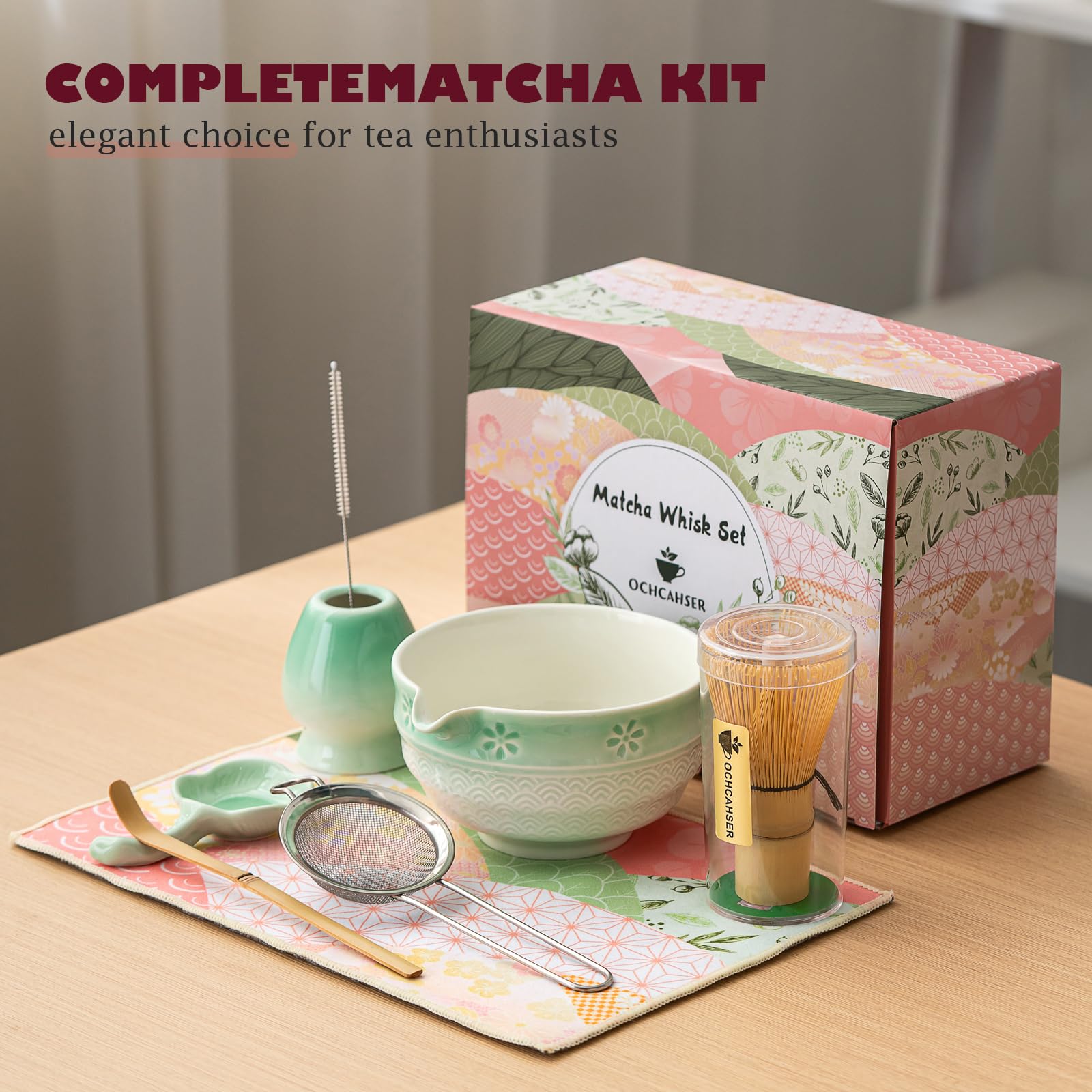 Matcha Tea Set, 8 Pcs Japanese Matcha Kit with Cherry Blossom and Wave Design Ceramic Bowl, Bamboo Whisk, Whisk Holder, Scoop, Sifter, Brush, Matcha Whisk Set for Matcha Lovers (Green Gradient)