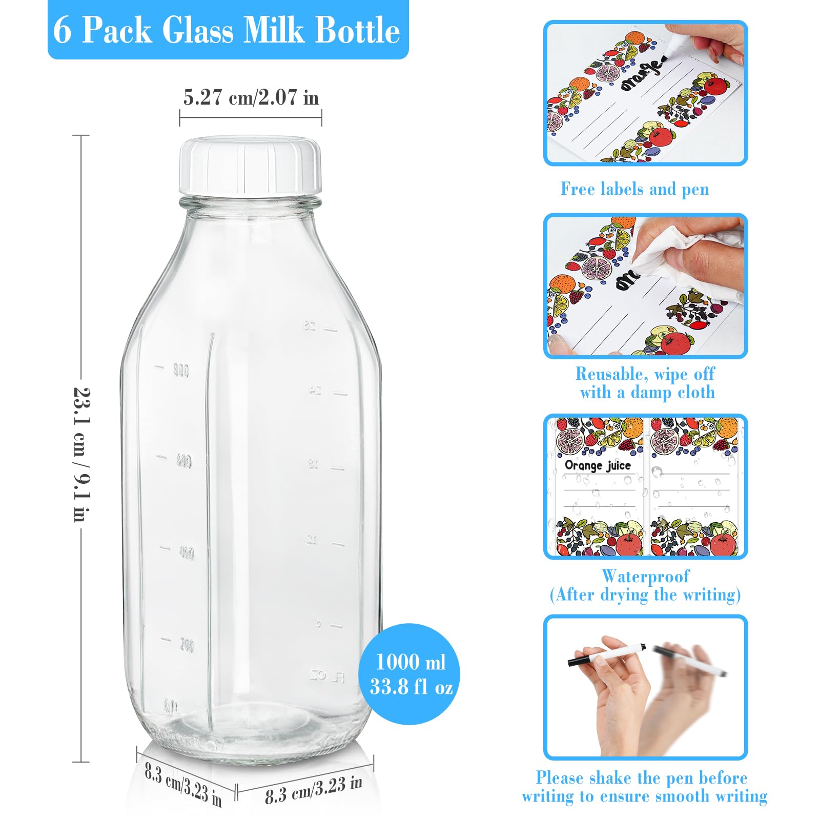 Glass Milk Bottles w 100% Airtight Screw Lids and 2 Pour Spouts- 6 Pack 32 Oz Smoothie Bottles - Food Grade Glass Water Bottles for Almond Milk, Green Juice, Maple Syrup - Dishwasher Safe(Extra Lids)