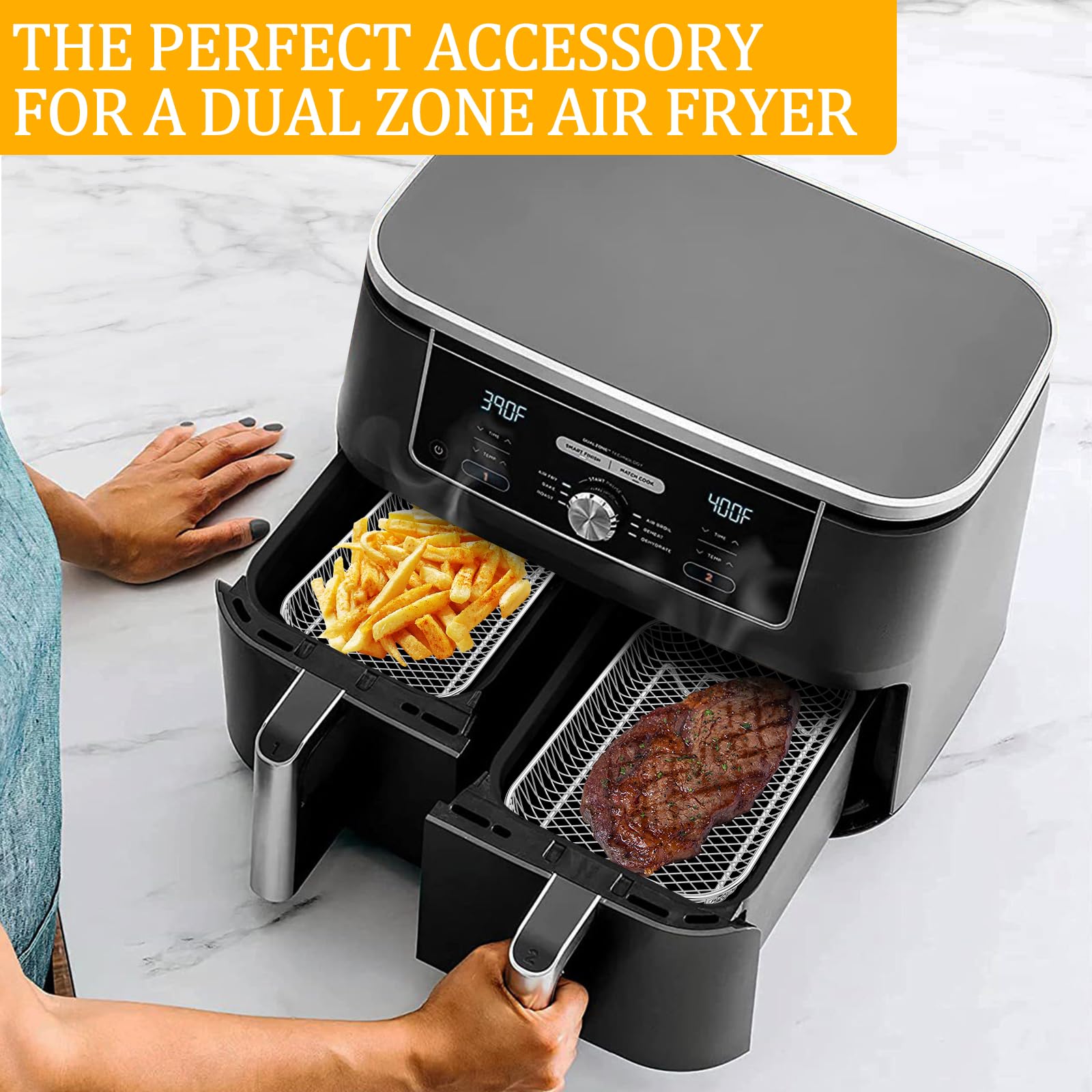 Abizarch Air Fryer Accessories Rack for Ninja Basket, 3 Layers, 304 Stainless Steel Stacking Bacon Racks for Ninja AF300UK, Salter/Instant/EMtronics Double Drawer, with Clip and 8 Silicone Feet