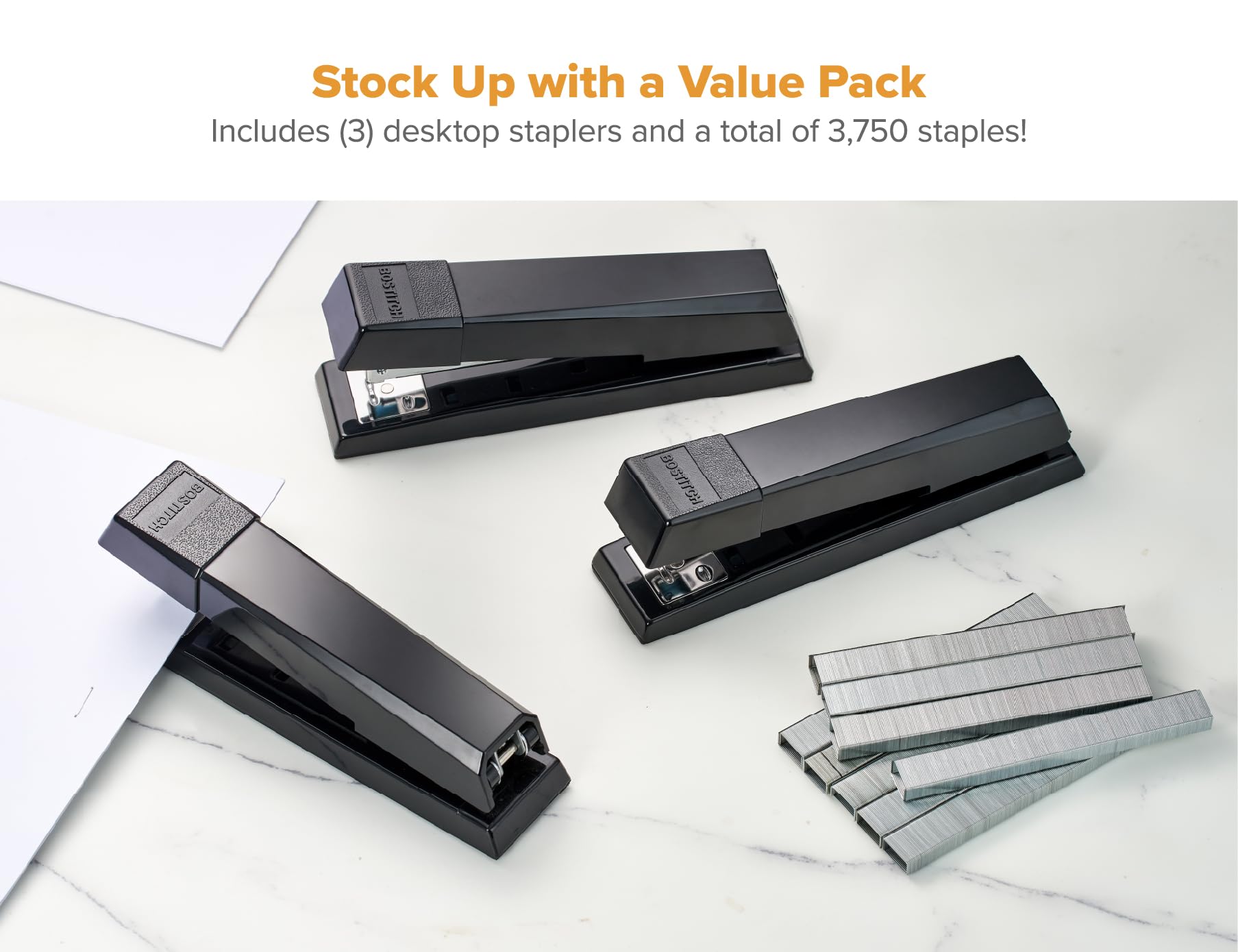 Bostitch Office Stapler, No-Jam Premium for Desktop, Includes 1,250 Staples, Full-Strip, 25 Sheet Capacity, Black, 3 Pack