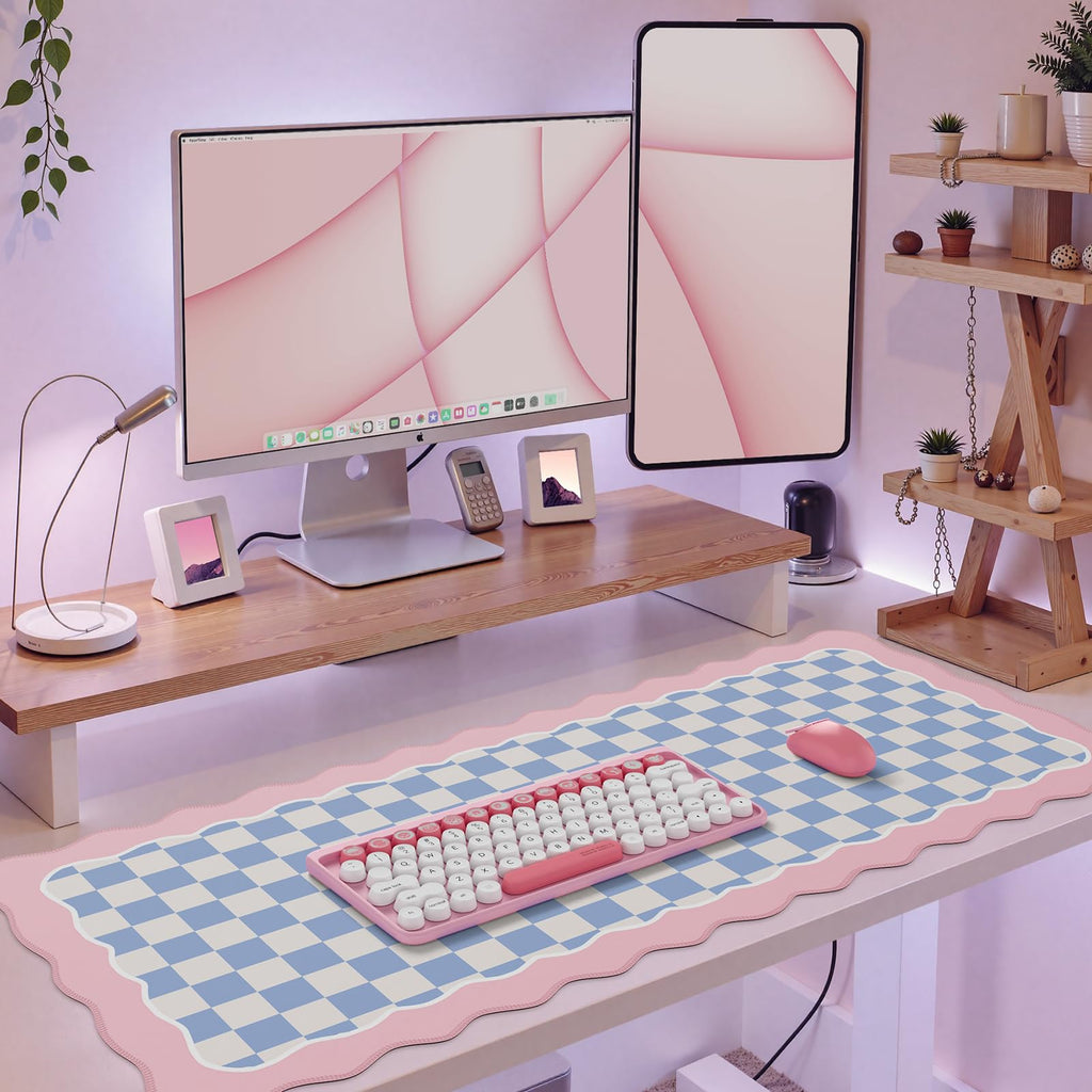 iCasso Cute Desk mat,Extended Large Gaming Mouse Pad Design with Irregular Edges,XXL Soft Lycra Surface Keyboard Mat 15.7X35.4 Inches, Non-Slip Rubber Base Desk Pad for Home Office (Pink Purple)
