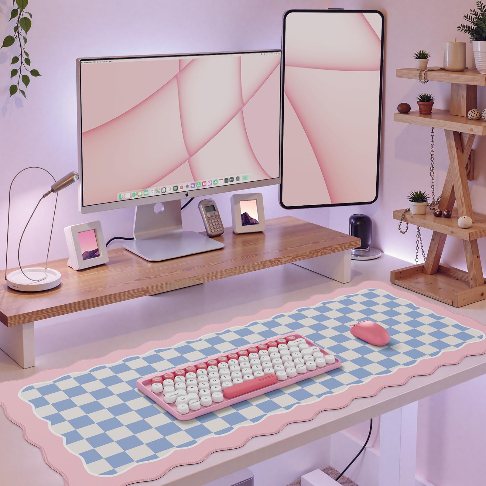 iCasso Cute Desk mat,Extended Large Gaming Mouse Pad Design with Irregular Edges,XXL Soft Lycra Surface Keyboard Mat 15.7X35.4 Inches, Non-Slip Rubber Base Desk Pad for Home Office (Pink Purple)