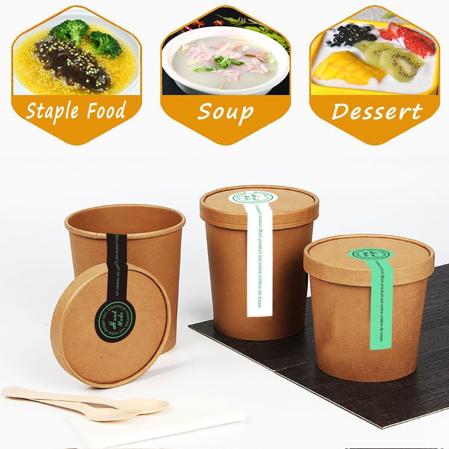 [25 Sets - 8 oz] Kraft Paper Food Soup Containers with Vented Lids, Microwavable Disposable Food Soup Bowls, Ice Cream Cups, Great for Restaurants - Extra 30 Hand Made Self-adhesive Labels