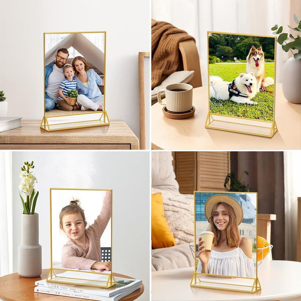 Sign Holders, 6 Pack 5"*7" Acrylic Display Stand for Christmas Party Wedding Table Number, Golden Double Sided Menu Holder, Photo Holder, Clear Picture Frame Flyer Holder For Office Business Store