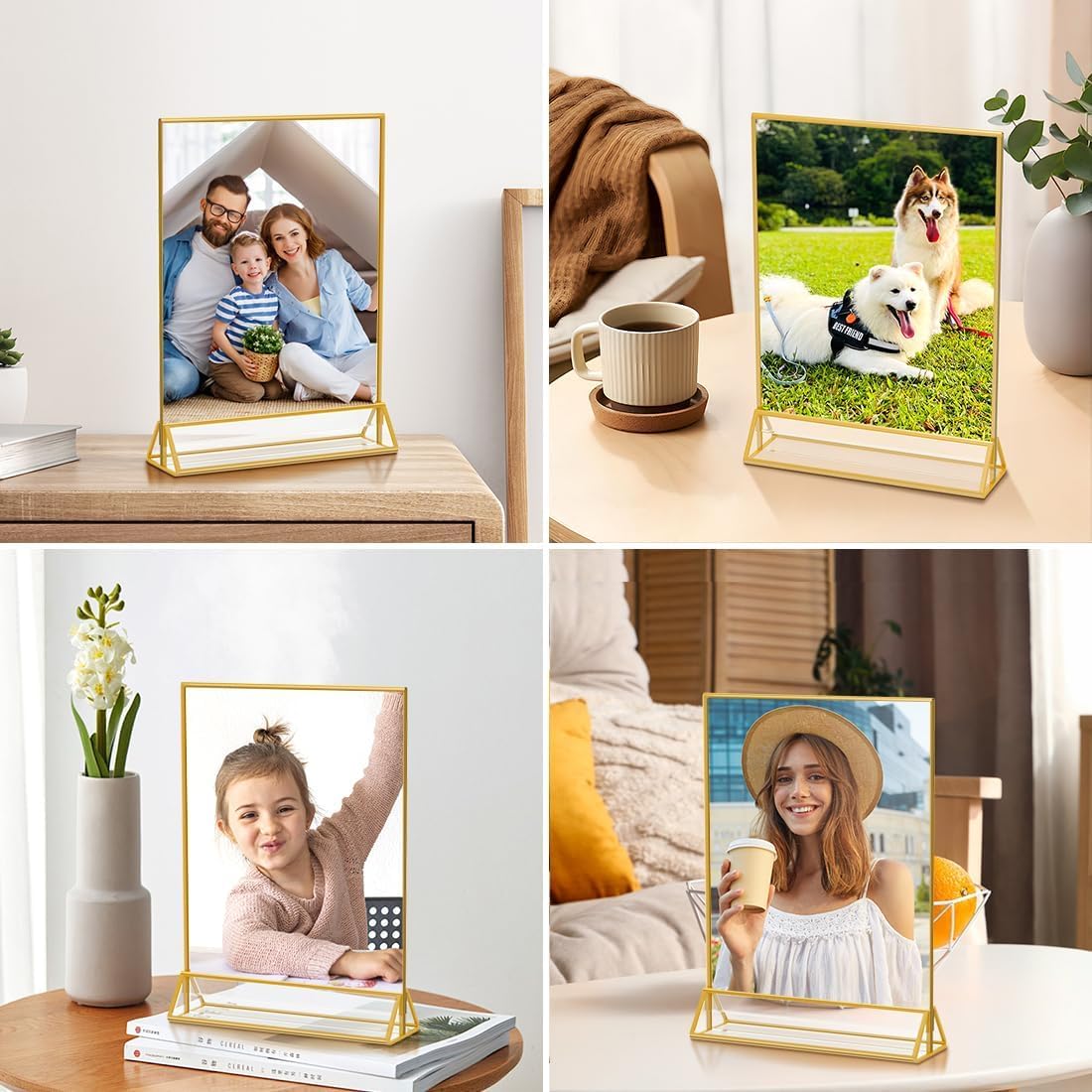 Sign Holders, 6 Pack 5"*7" Acrylic Display Stand for Christmas Party Wedding Table Number, Golden Double Sided Menu Holder, Photo Holder, Clear Picture Frame Flyer Holder For Office Business Store
