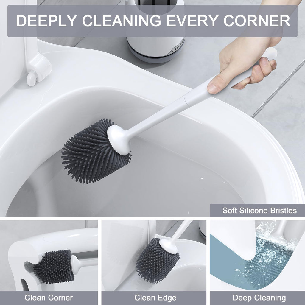 Lefree Silicone Toilet Brush and Holder 1 Pack, Toilet Bowl Cleaner Brush Set with Quick Drying Ventilated Base,Wall Mounted or Floor Standing, Grey
