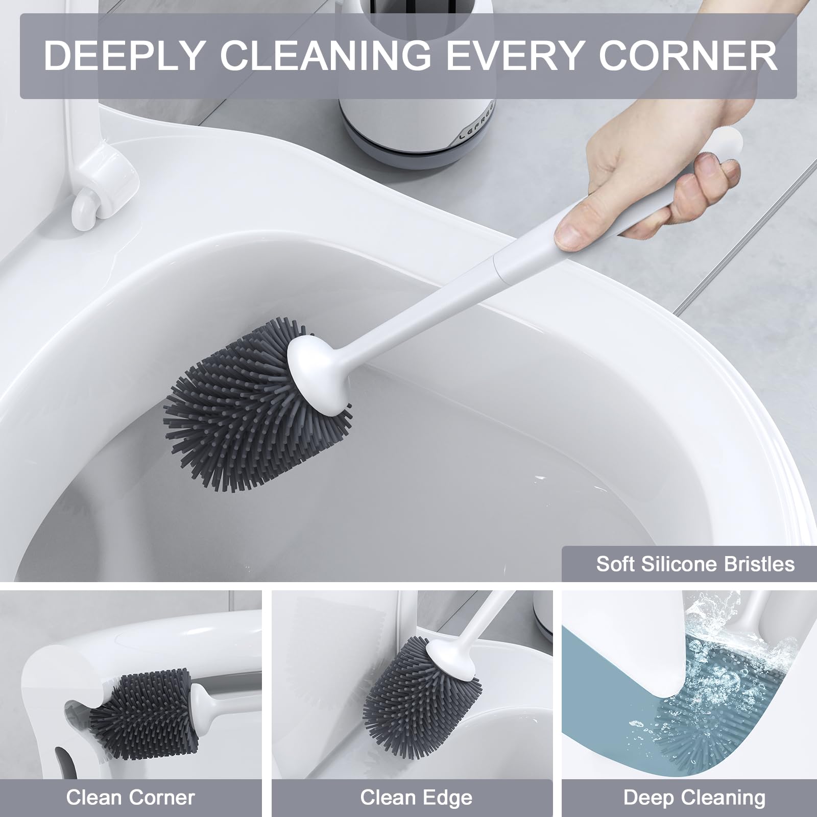 Lefree Silicone Toilet Brush and Holder 1 Pack, Toilet Bowl Cleaner Brush Set with Quick Drying Ventilated Base,Wall Mounted or Floor Standing, Grey