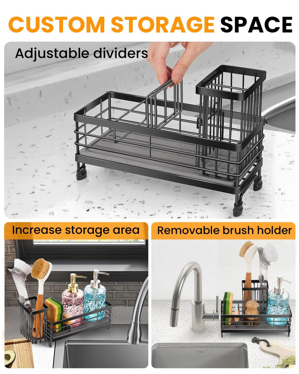 ARTLEO Kitchen Sink Caddy with Water Absorbent Diatomite Stone Sink Tray, Fast Drying Sink Organizer with High Dish Brush Holder Sponge Holder for Kitchen Sink, Stainless Steel