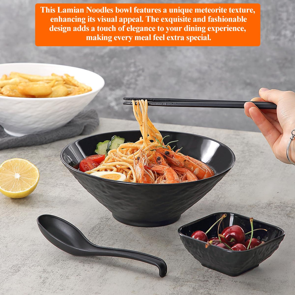 Kyraton Ramen Bowl Set 1200ml with Chopsticks Dipping Bowls and Spoons: 2 Large Unbreakable Japanese Style Plastic Noodle Soup Bowls for Asian Pho Soup Thai Miso Udon Wonton (Black, White)