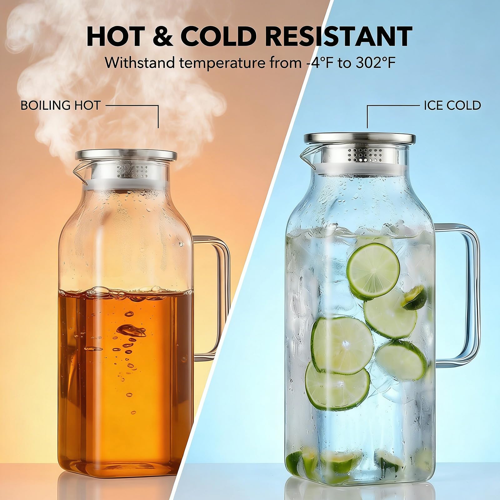 SYDALARAW 2 Pack Glass Water Pitcher, 2 Liter/68 oz Square Glass Pitcher with Lid and Handle, Clear Heat Resistant Glass Water Jug Carafe Juice Container for Hot Tea, Cold Brew and Milk