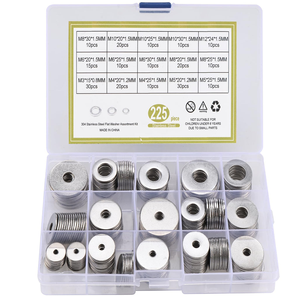 Toolly Large Penny Fender Washers, 225 Pieces 15 Sizes Alloy Steel Flat Washers Set Washers Hardware Assortment -M3 M4 M5 M6 M8 M10 M12