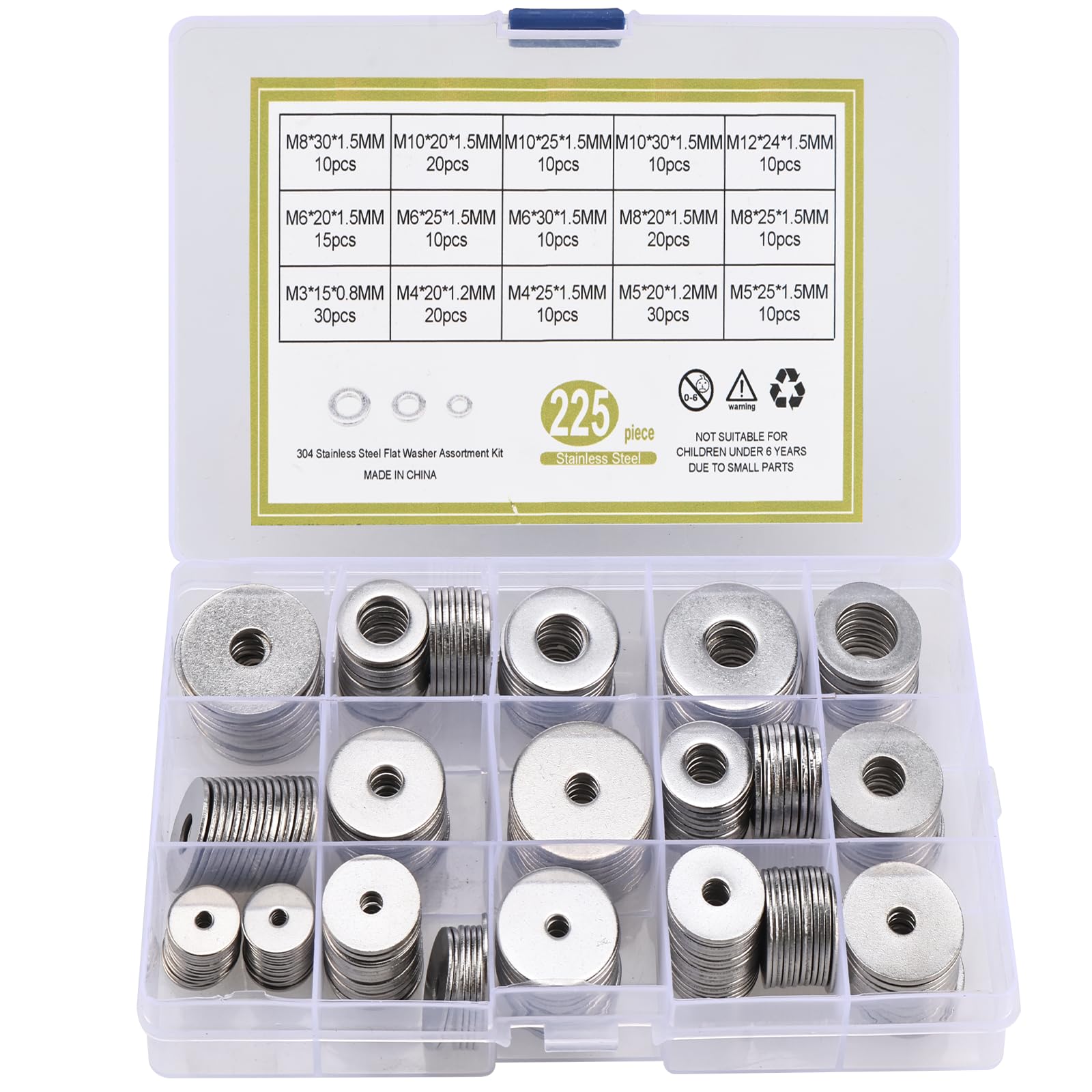 Toolly Large Penny Fender Washers, 225 Pieces 15 Sizes Alloy Steel Flat Washers Set Washers Hardware Assortment -M3 M4 M5 M6 M8 M10 M12
