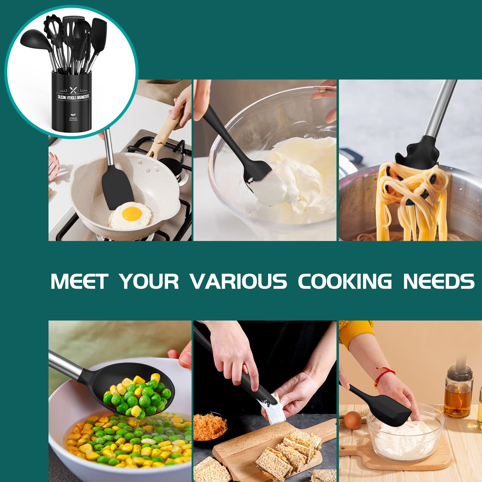 Silicone Cooking Utensil Set, Umite Chef 15pcs Silicone Cooking Kitchen Utensils Set, Non-Stick Heat Resistant - Best Kitchen Cookware with Stainless Steel Handle - Black