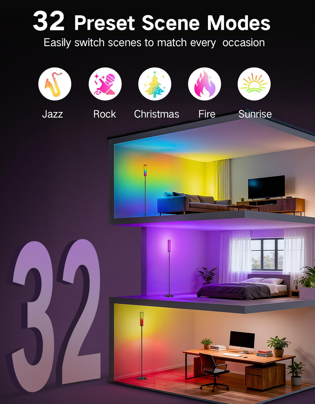 OUTON Bright Smart Floor Lamp with Remote, App & Touch Control, RGB Color Changing Standing Lamp, 2200K-6500K Dimmable, 3 Adjustable Heights, 32 Scenes for Living Room Bedroom Office,Black & Metal