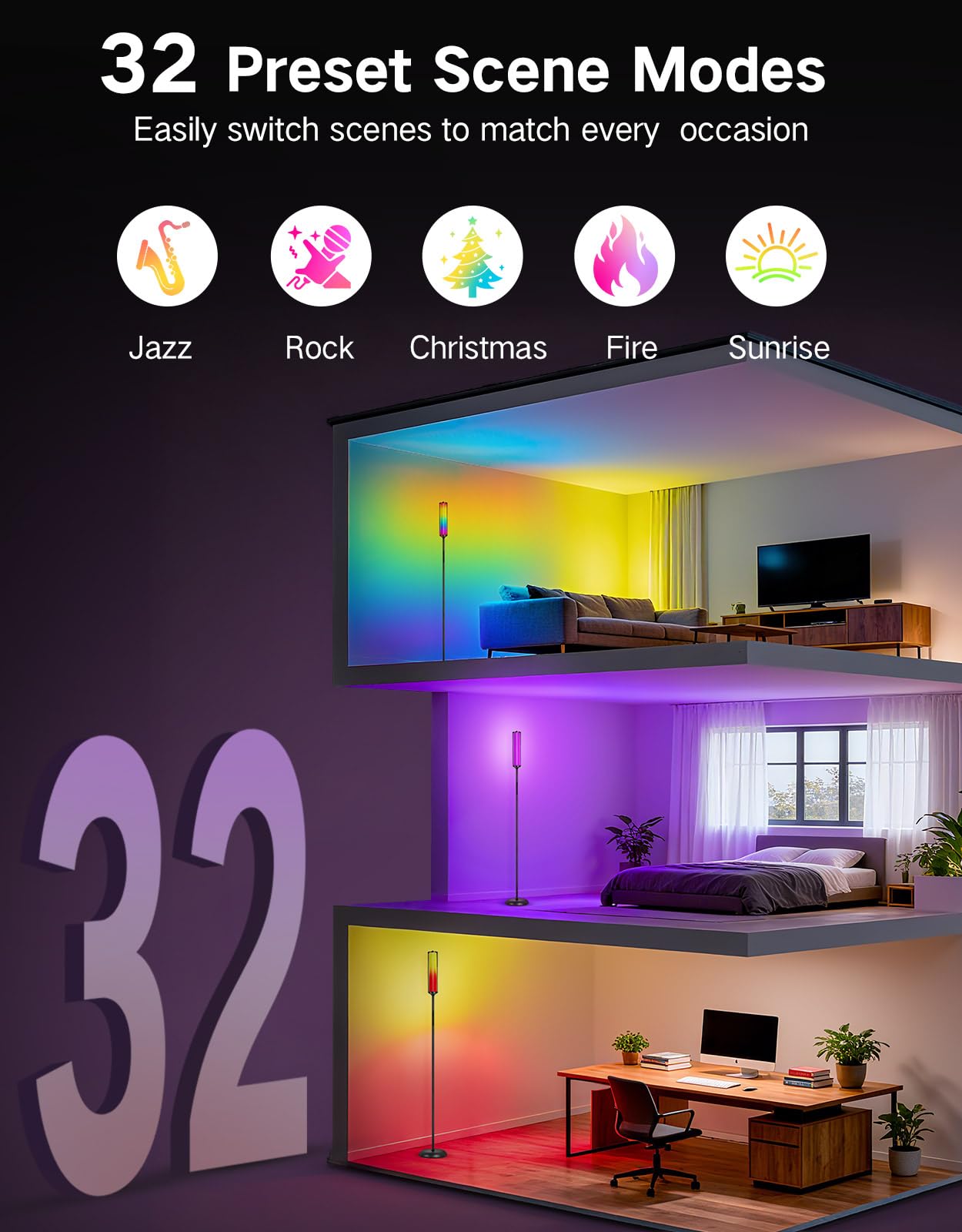 OUTON Bright Smart Floor Lamp with Remote, App & Touch Control, RGB Color Changing Standing Lamp, 2200K-6500K Dimmable, 3 Adjustable Heights, 32 Scenes for Living Room Bedroom Office,Black & Metal
