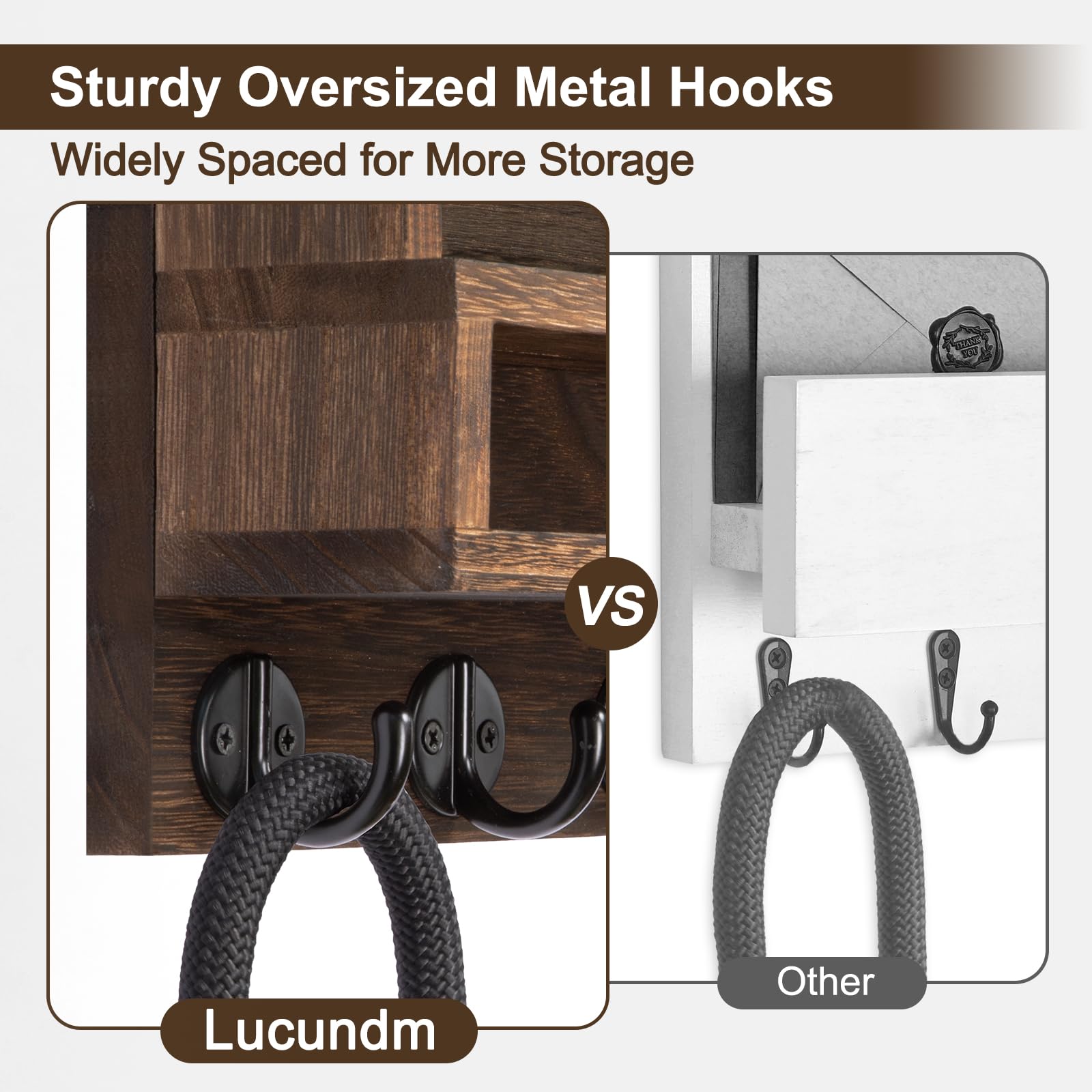 Lucundm Key and Mail Holder Wall Mount, Key Hanger with Long Storage Box and 5 Hooks for Coat, Dog Leash, Home Decor Rack, House Accessories, Entry Way Organizer 11.8”W x 7.8”H x 3.2”D