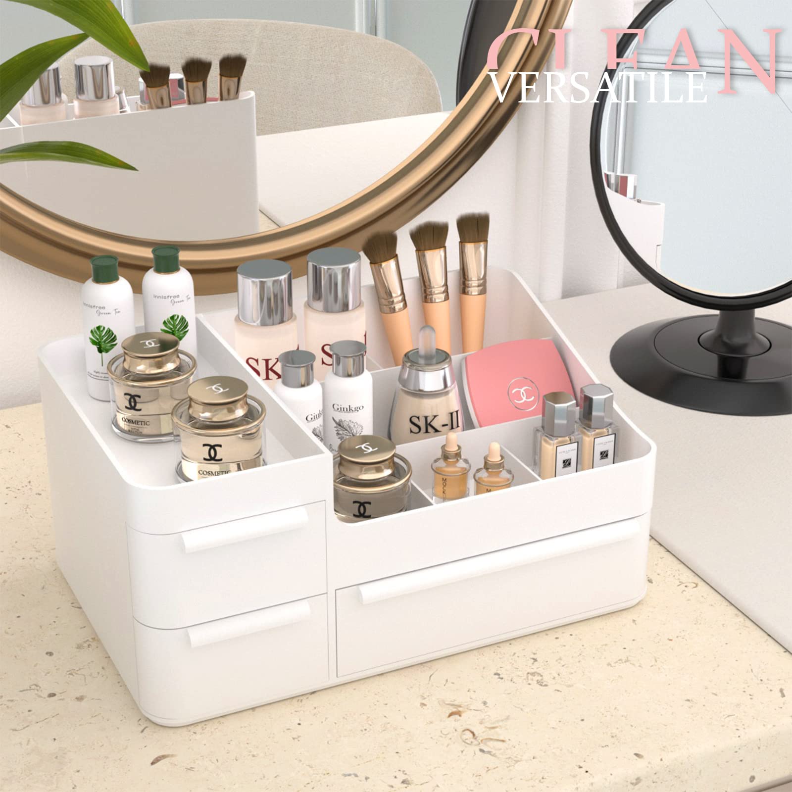 Makeup Organizer with Drawers, Countertop Organizer for Vanity, Bathroom and Bedroom Desk Cosmetics Display Case for Brushes, Lotions, Perfumes, Eyeshadow, Lipstick and Nail Polish