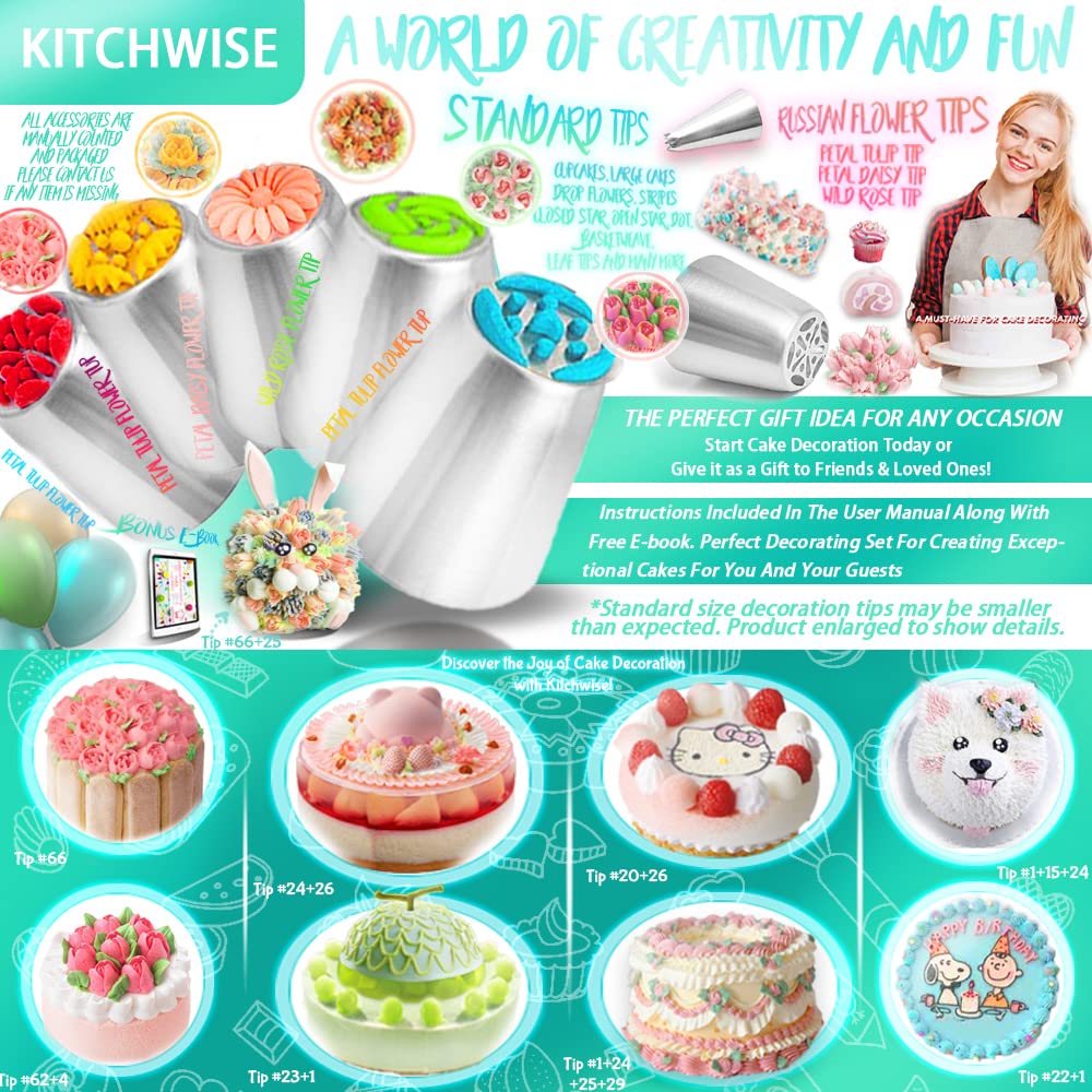 Russian Piping Tips - 100 Piece Cake Decorating Supplies - Baking Supplies Set Cupcake Flower Decorating Kit with 3 Russian Ball Tips