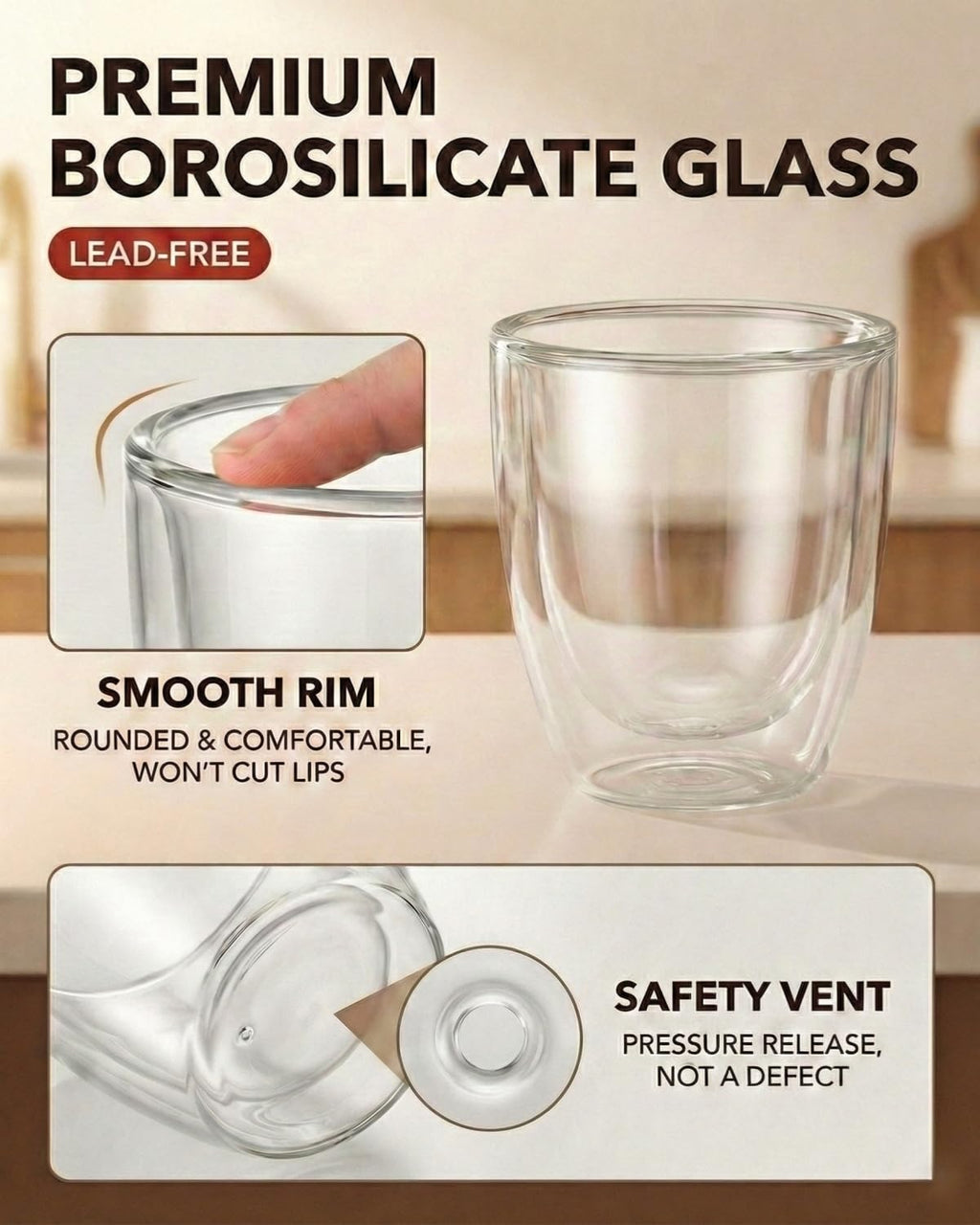 5oz / 150ml Double Walled Espresso Cups, Set of 4 - Glass Coffee Mugs for Cortado, Lungo & Nespresso - Clear Thermal Insulated Demitasse for Cappuccino & Latte - Modern Tasse à Café
