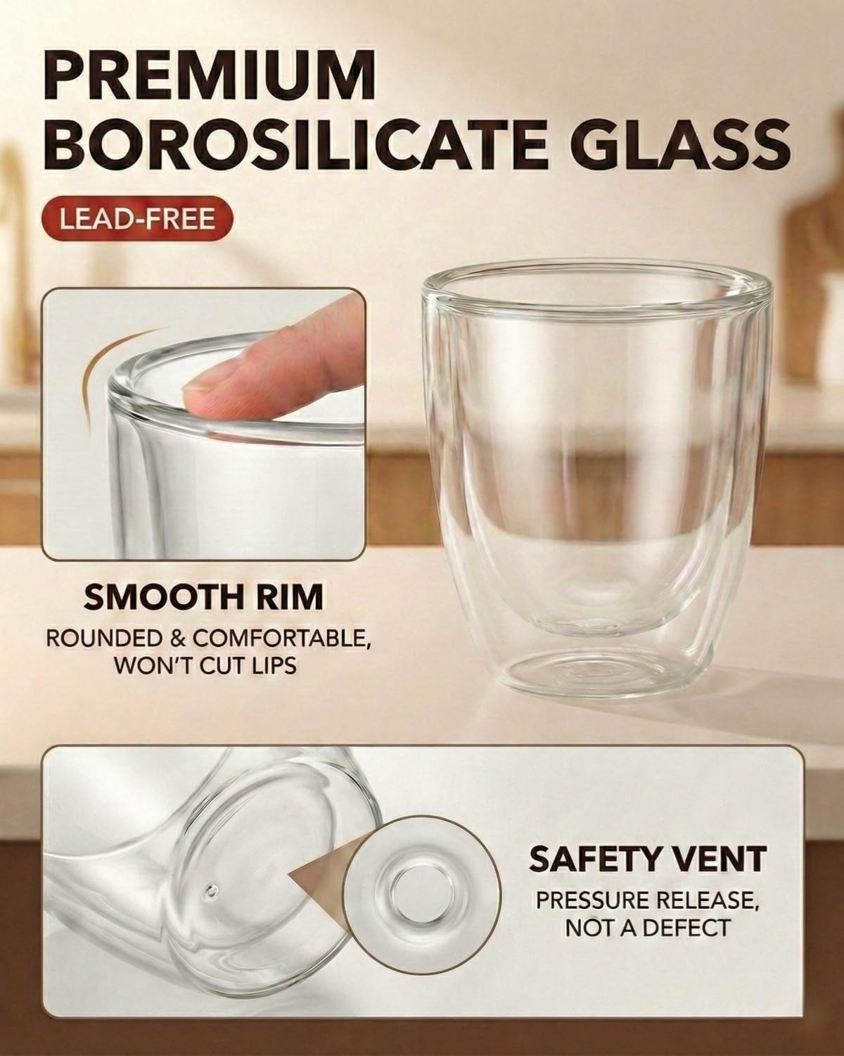 5oz / 150ml Double Walled Espresso Cups, Set of 4 - Glass Coffee Mugs for Cortado, Lungo & Nespresso - Clear Thermal Insulated Demitasse for Cappuccino & Latte - Modern Tasse à Café