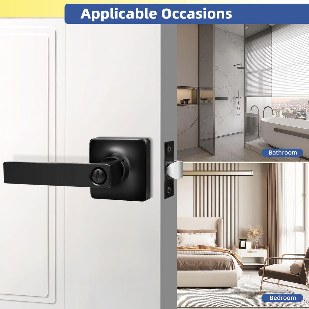 GOBEKOR 1 Pack Interior Privacy Door Handle with Lock Matte Black Door Lever for Bathroom and Bedroom Square Door Handle Indoor Matte Black Reversible Keyless Turn Lock