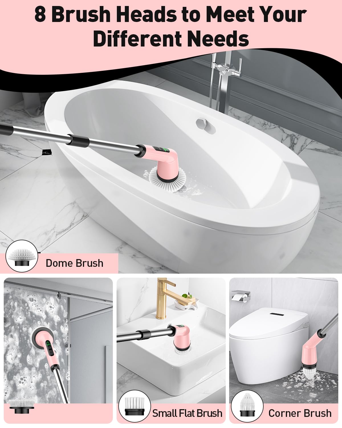 Electric Spin Scrubber for Cleaning Bathroom, Shower Scrubber Cordless Cleaning Brush with IPX7 Waterproof & 2 Speed, 3 Brush Heads, Bathroom Cleaning Supplies for Shower Tub Kitchen Toilet Pink