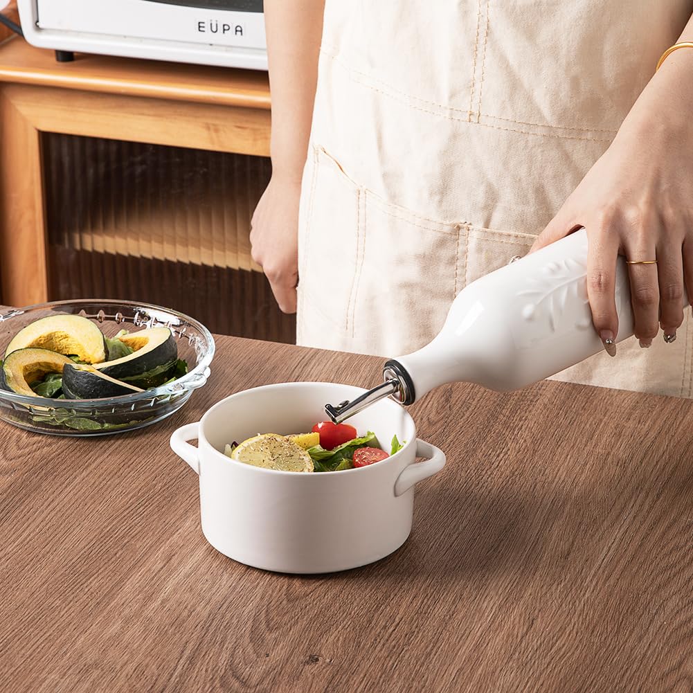 Sweejar Large Olive Oil Dispenser Bottle with Spout, 24 Oz Ceramic Oil Dispenser for Kitchen, Relief Opaque Oil Cruet, Oil Container for Cooking, EVOO, Avocado Oil, Vinegar, Pack of 1(White)