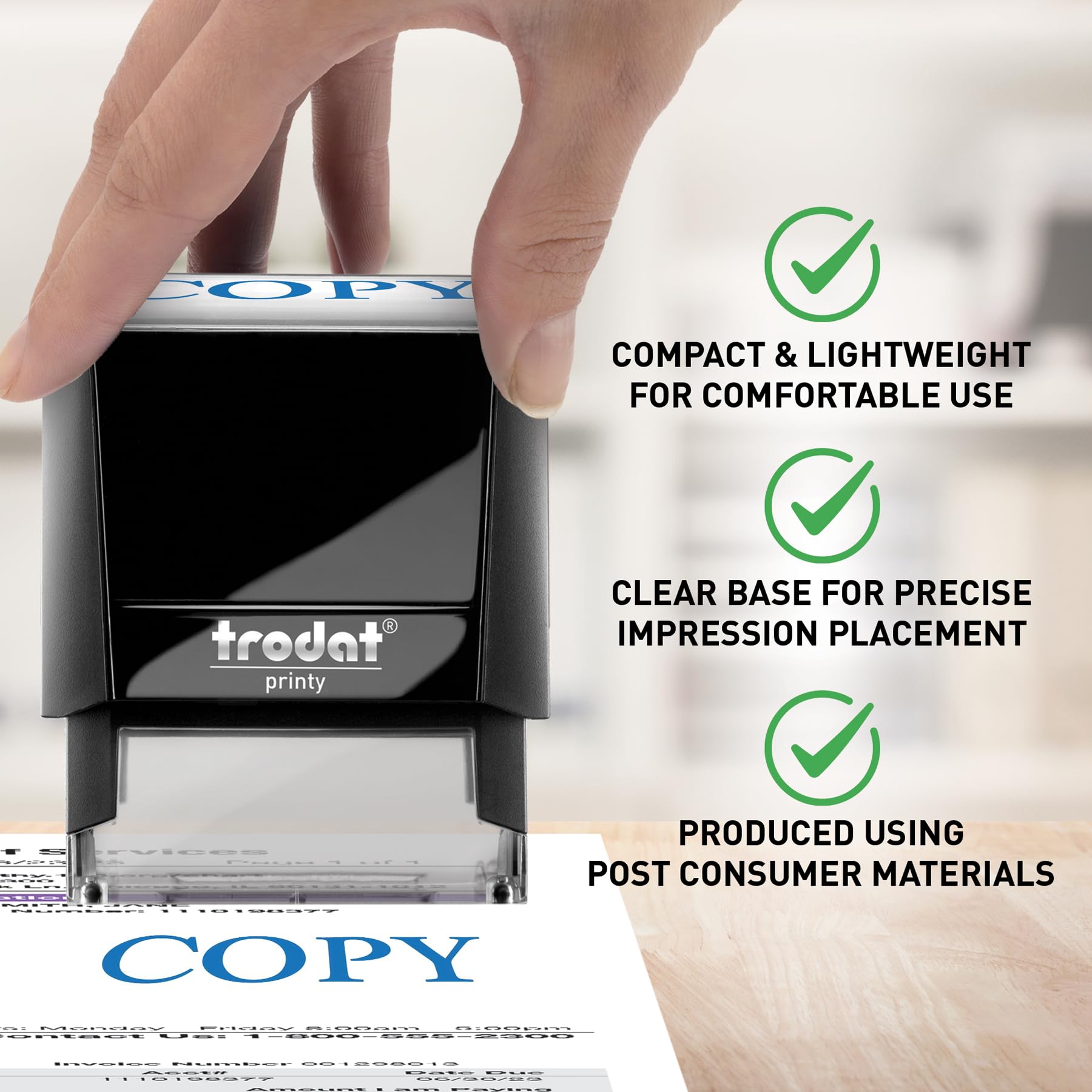 Trodat Printy 4911 Self-Inking Stamp with COPY Message - Blue Pad - Produced from up to 65% Recycled Plastic