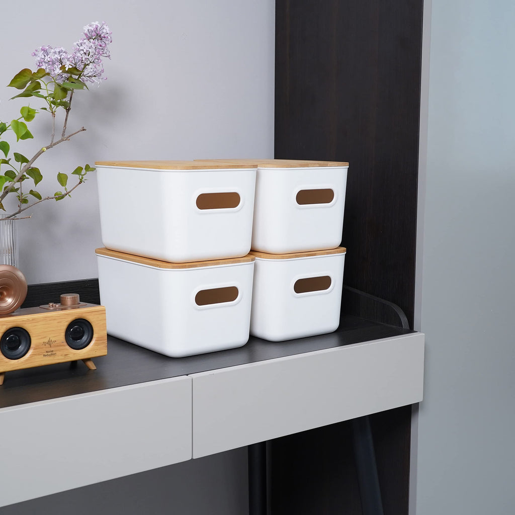 Citylife Closet Organizers and Storage - 4PCS Plastic Storage Bins with Bamboo lids, Stackable Storage Containers for Organizing, Bundled with Labels and Marker 10.24 x 7.01 x 6.1 inch