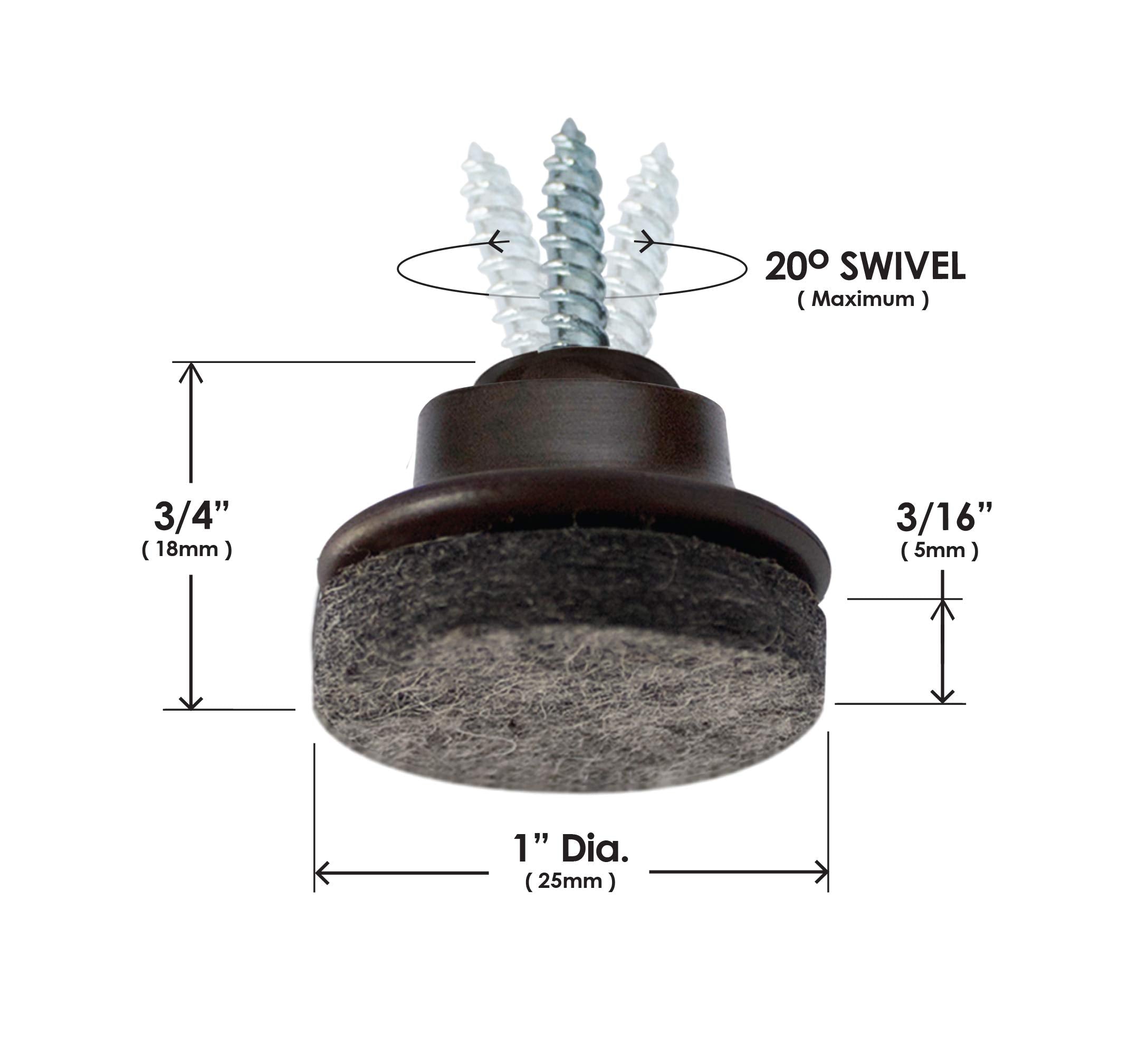 GorillaFelt Swivel Glide Felt Sliders for Chairs (16 Pack) Screw-On Floor Protectors for Angled Furniture Legs, 1 Inch Felt Glides (25mm Round), CB259-16