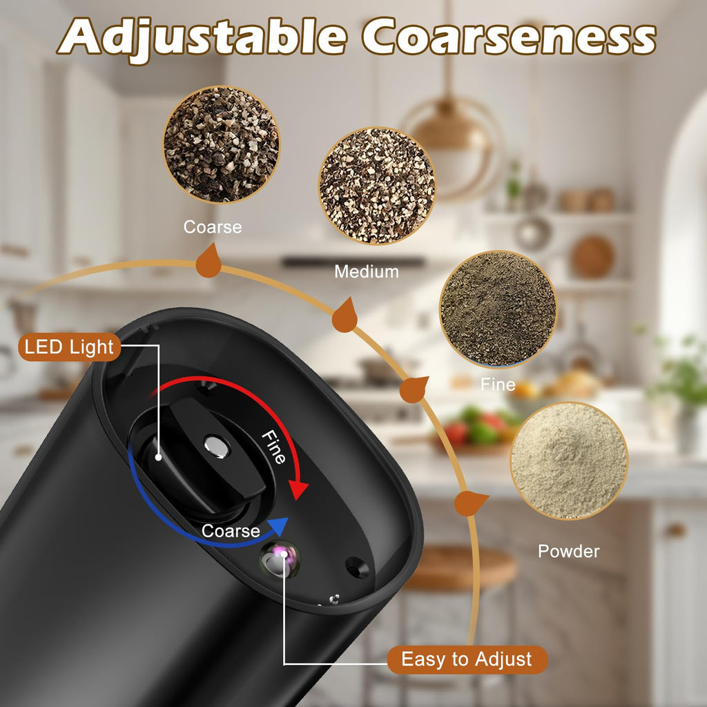 Automatic Pepper Grinder Salt Mill: Rechargeable Salt and Pepper Mill Set Electric Salt Grinder Adjustable Pepper Mills Refillable Salt Pepper Grinders Large Capacity Automatic Salt Shaker