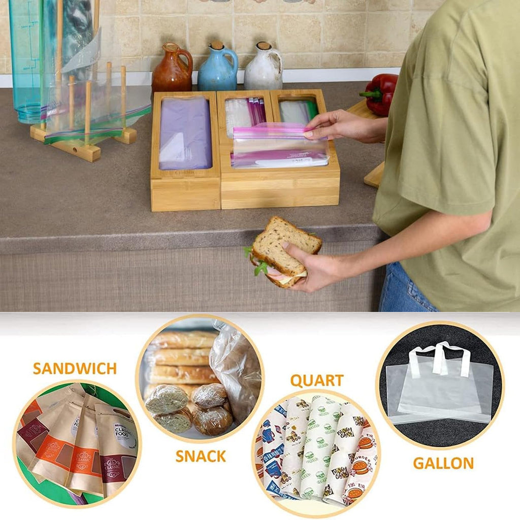 KLDFJ Zip-Lock Bag Storage Organizer, Kitchen Bamboo Zip-Lock Bag Organizer for Drawer Food Storage Bag Organizer, Compatible with Gallon, Quart, Sandwich and Snack B ZJM-01