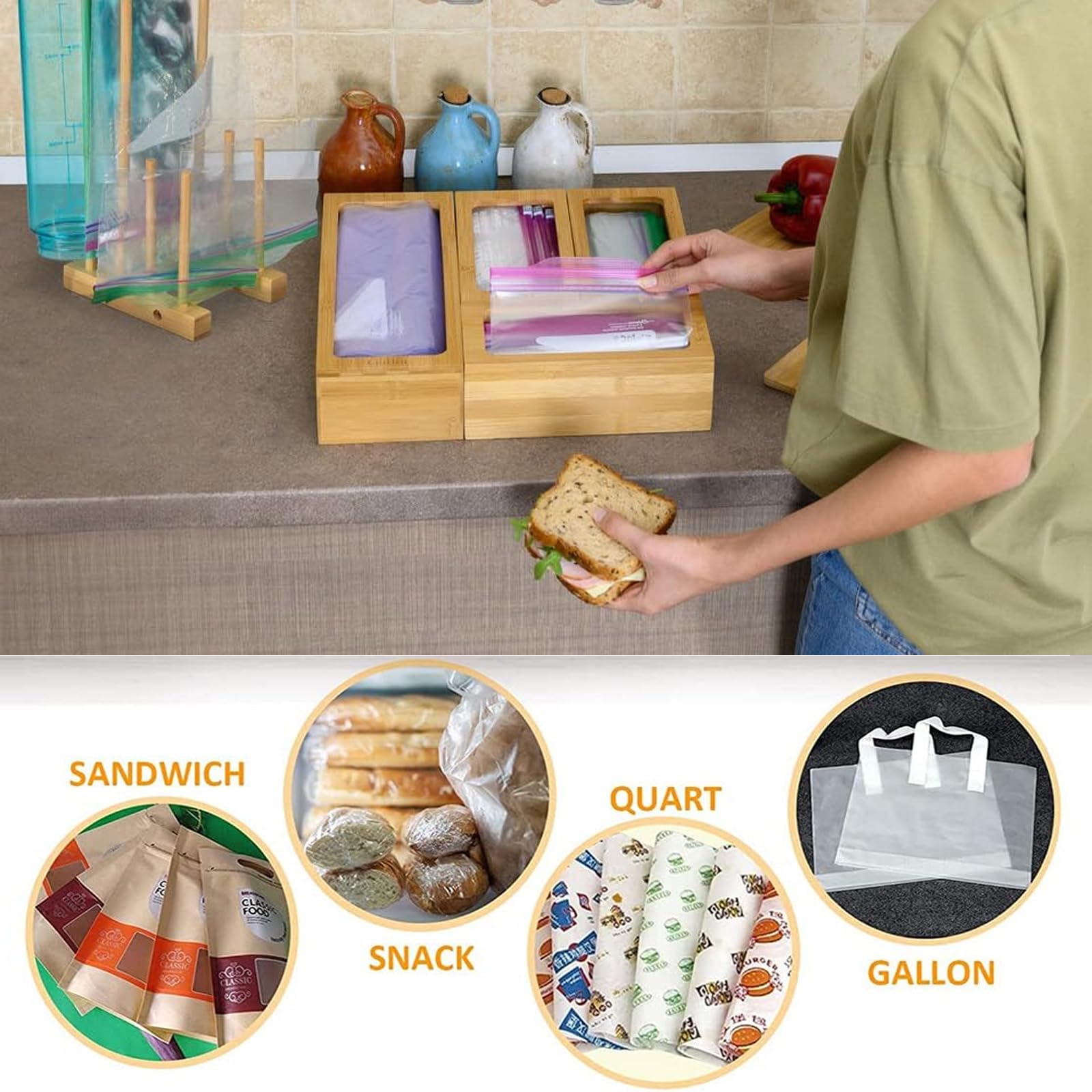 KLDFJ Zip-Lock Bag Storage Organizer, Kitchen Bamboo Zip-Lock Bag Organizer for Drawer Food Storage Bag Organizer, Compatible with Gallon, Quart, Sandwich and Snack B ZJM-01