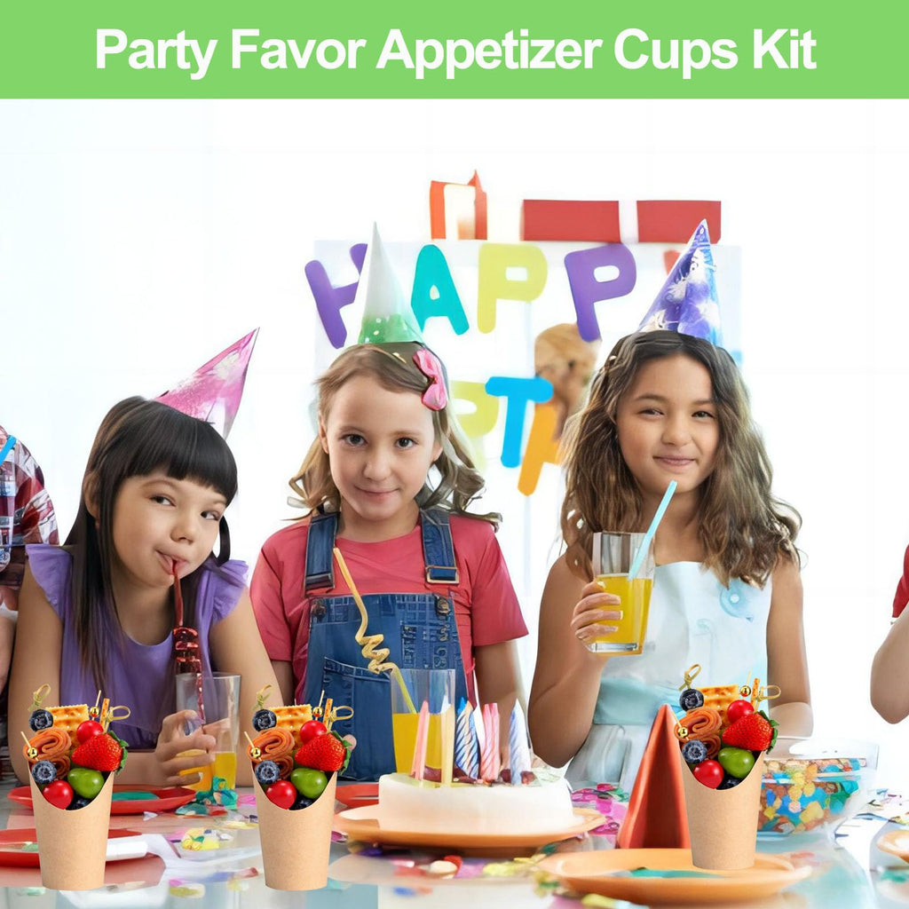 12 Oz Charcuterie Cups with Bamoo Skwers, Paper Snack Appetizer Cups with Cocktail Picks, French Fry Holder Brown Kraft, Disposable Popcorn Cones Party Favor(50 Cups + 200 Skewers)