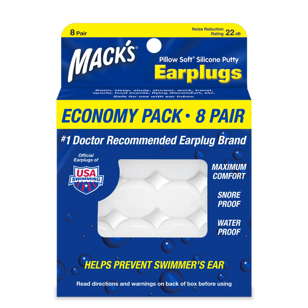 Mack’s Pillow Soft Silicone Earplugs – 8 Pair, Economy Pack – The Original Moldable Silicone Putty Ear Plugs for Sleeping, Snoring, Swimming, Travel, Concerts and Studying