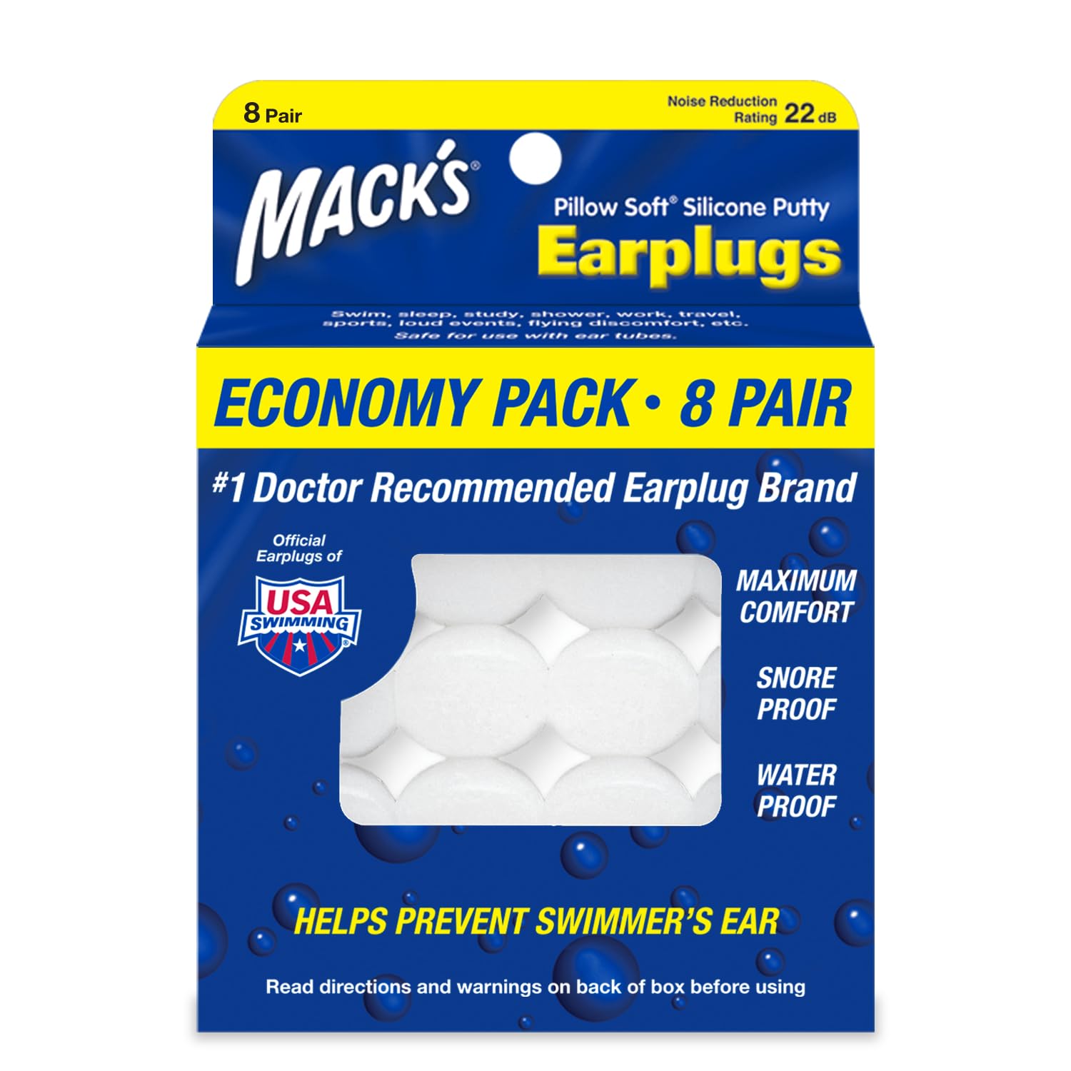 Mack’s Pillow Soft Silicone Earplugs – 8 Pair, Economy Pack – The Original Moldable Silicone Putty Ear Plugs for Sleeping, Snoring, Swimming, Travel, Concerts and Studying
