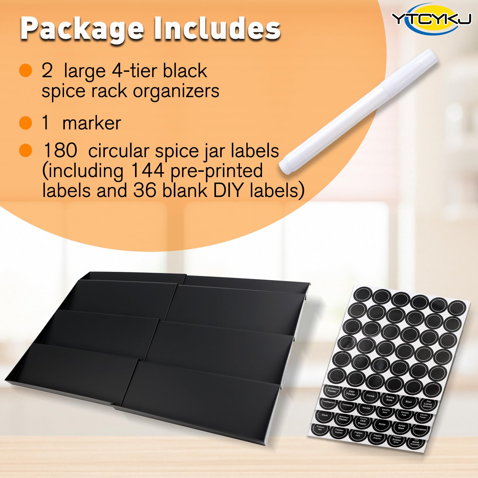 Spice Drawer Organizer with 180 Labels,4 Tier 2 Pack Drawer Seasoning Organizer with Guardrail,Spice Rack Organizer Expandable from 30 cm to 60 cm for Kitchen Drawers,Cabinets,Countertop