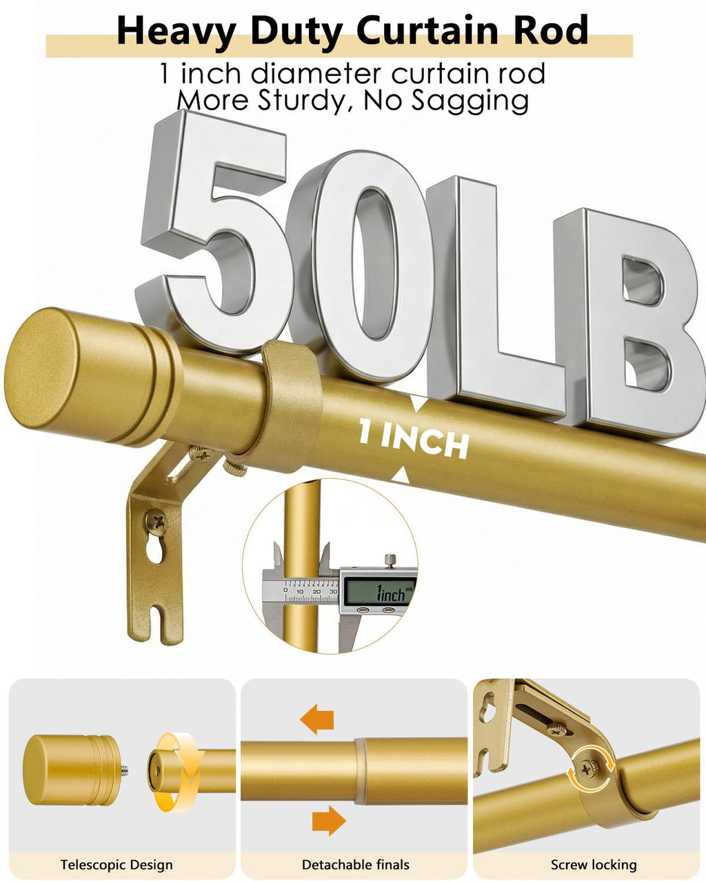 ASULUPHY Gold Curtain Rod, 1 Inch Diameter Heavy Duty Curtain Rods for Window 48-84 in, Long Curtain pole with Thicker Brackets, AdjustableCurtain Rod for Sliding Doors, Living Room, Bedroom, Patio