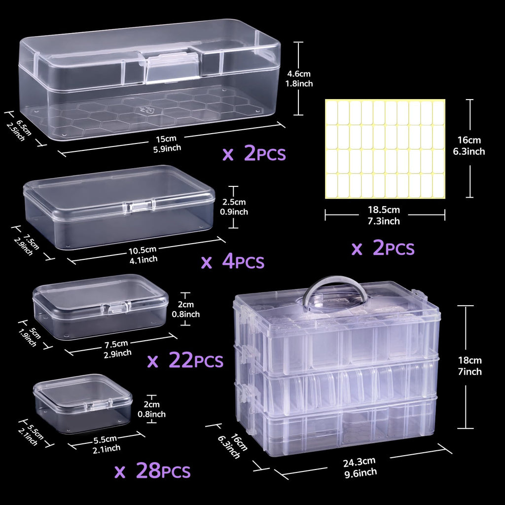 Funtopia 59 Pack Craft Storage Organizer, 3-Tier Stackable Clear Plastic Storage Box Set with 56 Pcs 4-Size Small Bead Organizers, Ideal for Crafts, Jewelry and Small Parts