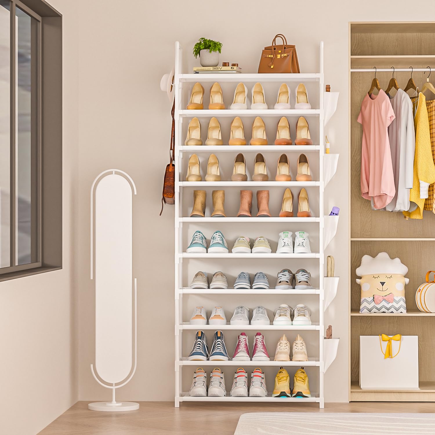 Tall Shoe Rack 10 Tier Shoe Racks Organizer for Closet 30-35 Pairs,Large Capacity Storage Rack for Shoes with 5 Hooks and Side Pocket,Sturdy Metal Shoe Shelf, Vertical Shoe Stand Tower