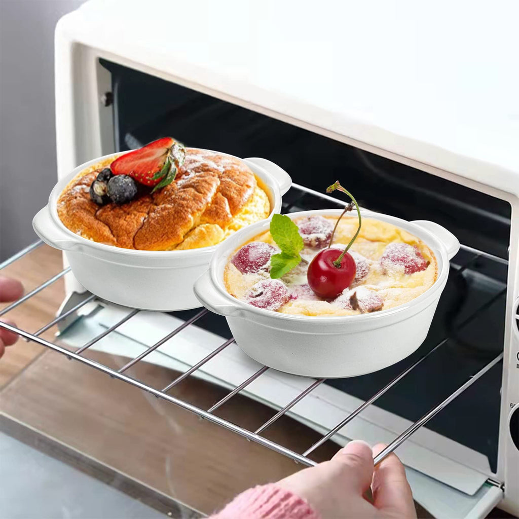 Foraineam 8 Pack 10 Ounce Porcelain Souffle Dishes with Double Handles Round Ramekins Bakeware Set for Pudding, Creme Brulee, Souffle