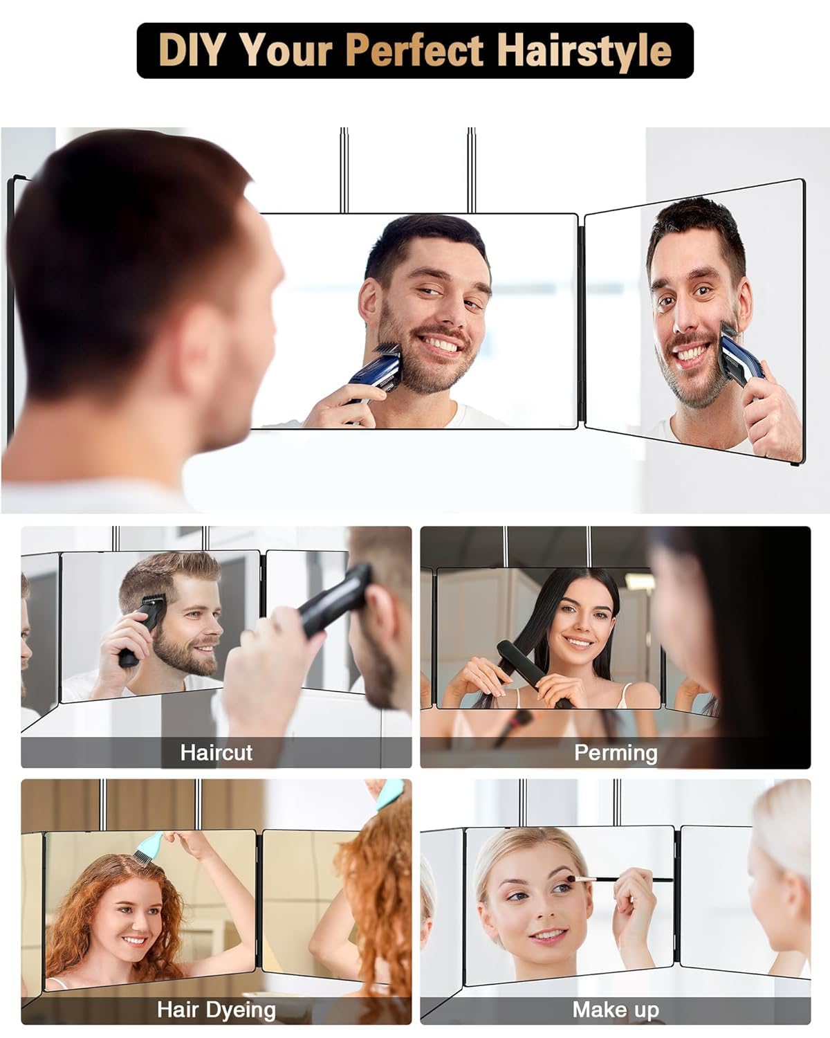 3 Way Mirror for Self Hair Cutting, 360 Trifold Self Haircut Mirror 3 Sided Makeup Mirror to See Back of Head with Height Adjustable Hooks, for Hair Cutting, Makeup, Shaving, Braiding, Styling